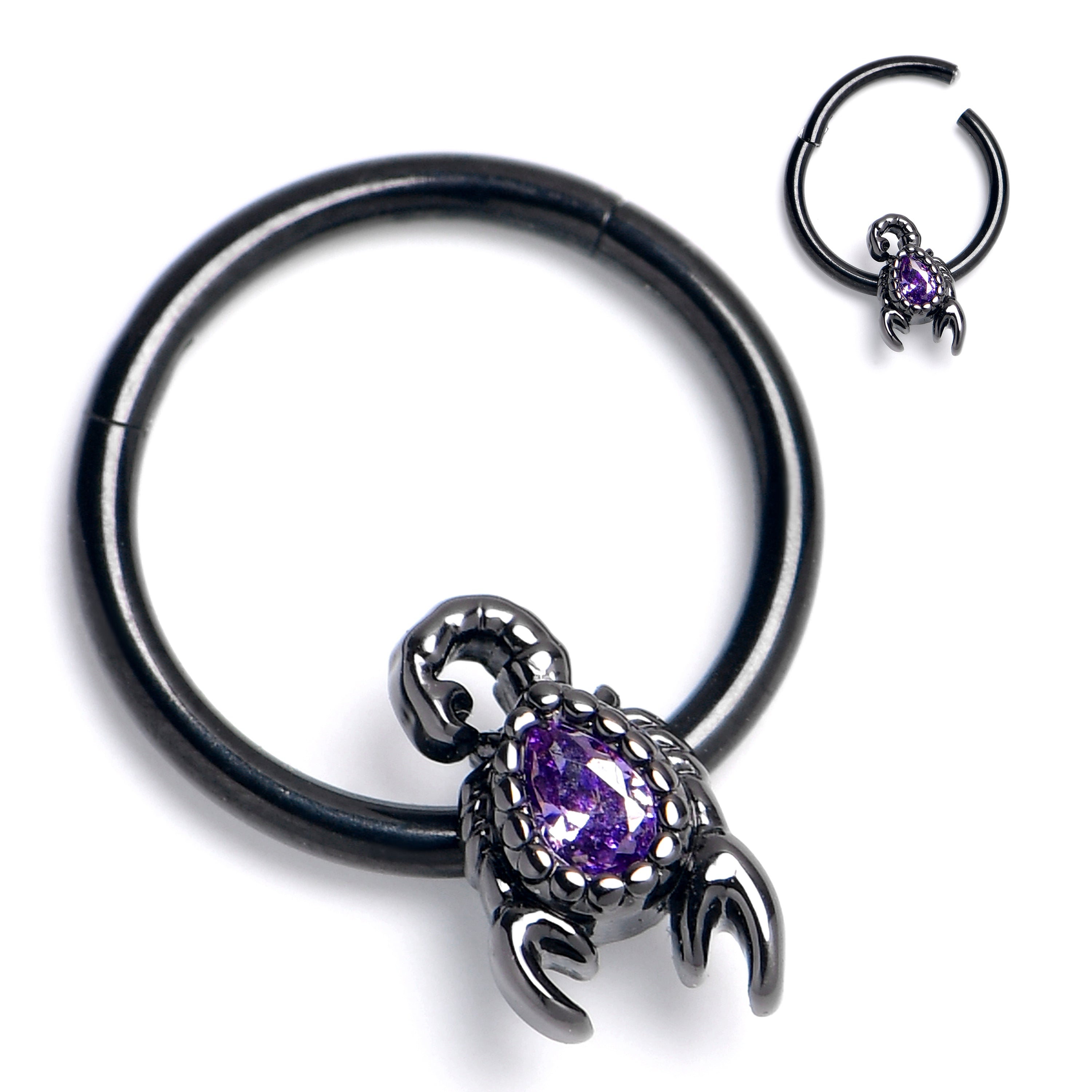 16G 3/8 Purple Gem Black Goth Scorpion Hinged Segment Ring