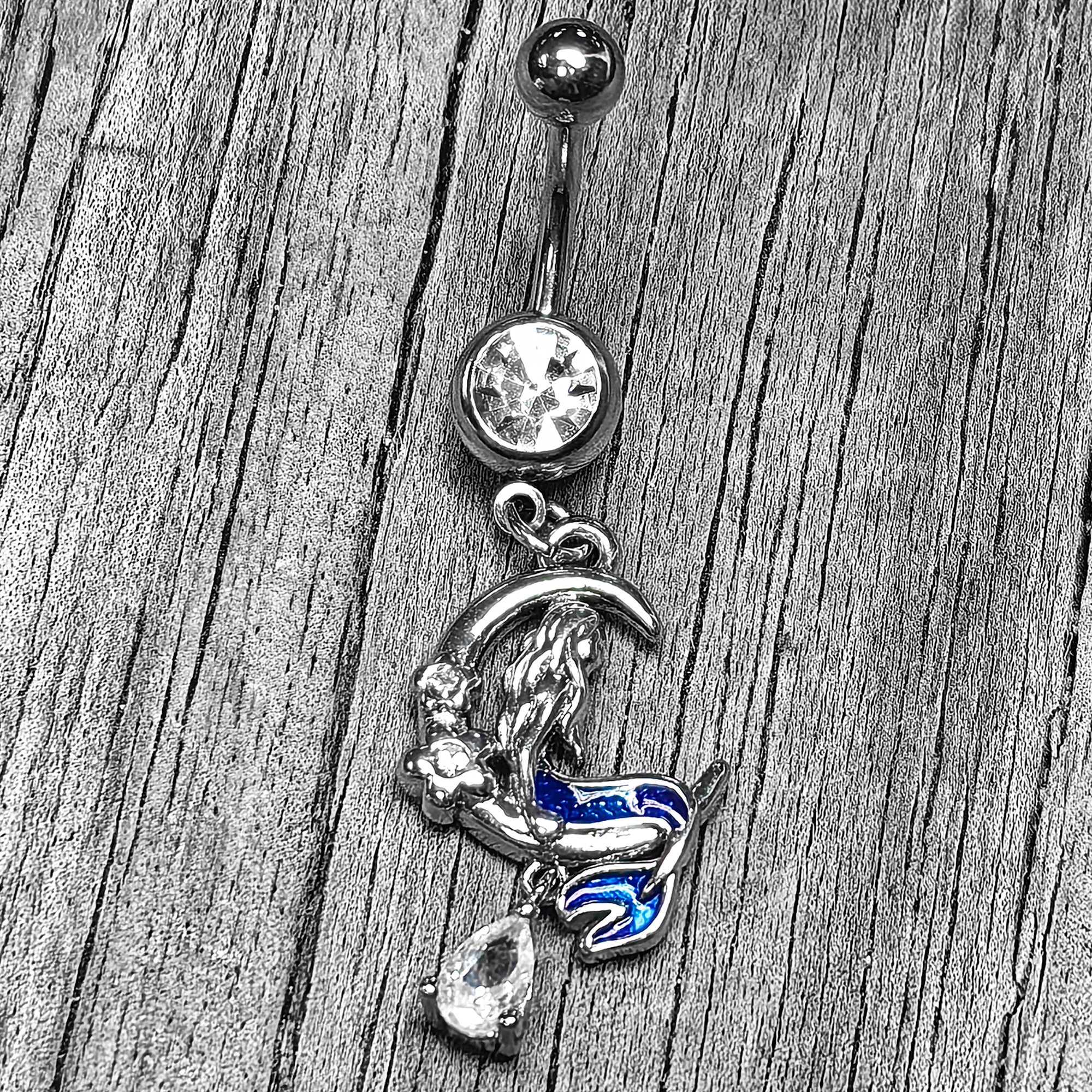 Clear Gem Floral Mermaid Moon Dangle Belly Ring
