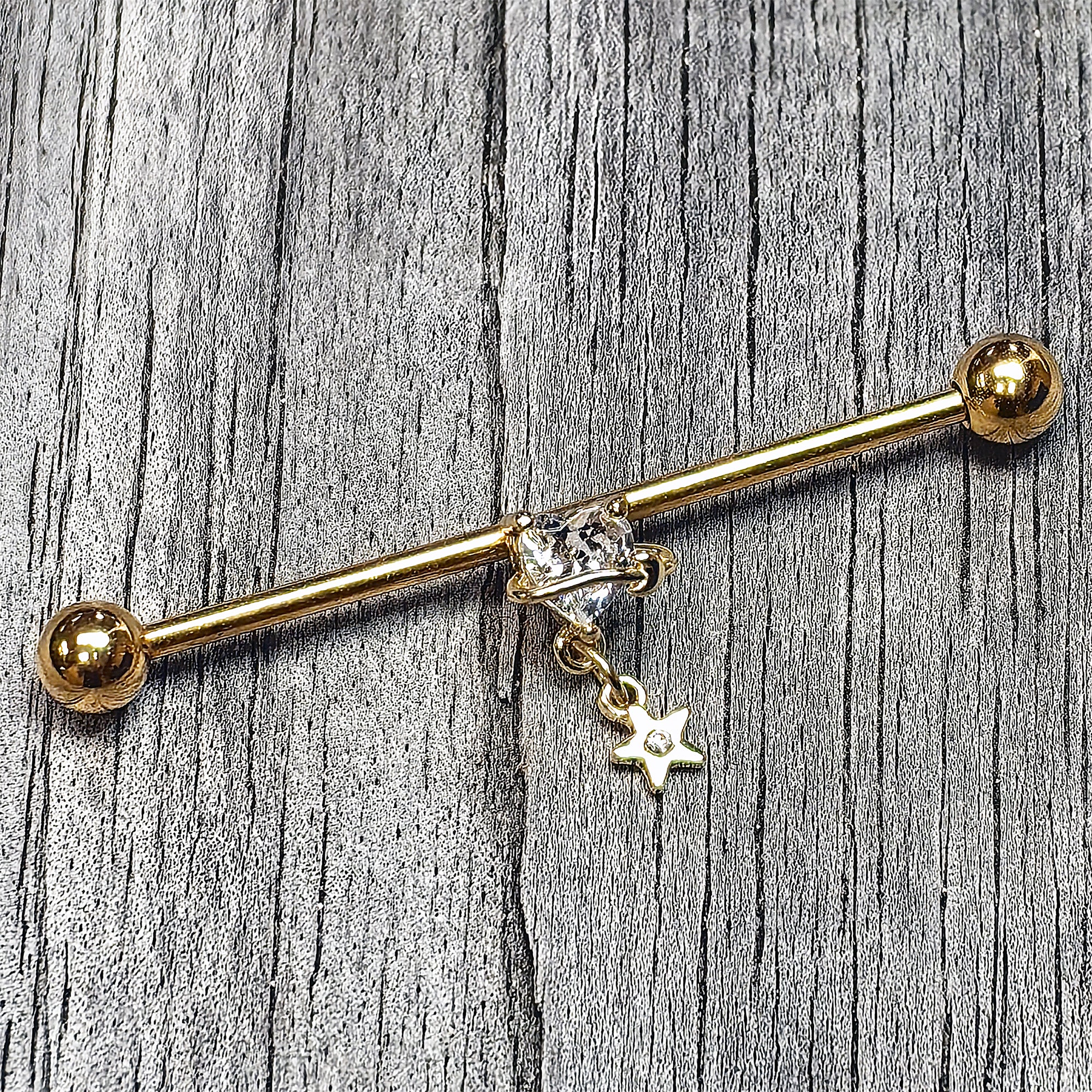 14G Clear Gem Gold Tone Starry Saturn Dangle Industrial Barbell 38mm
