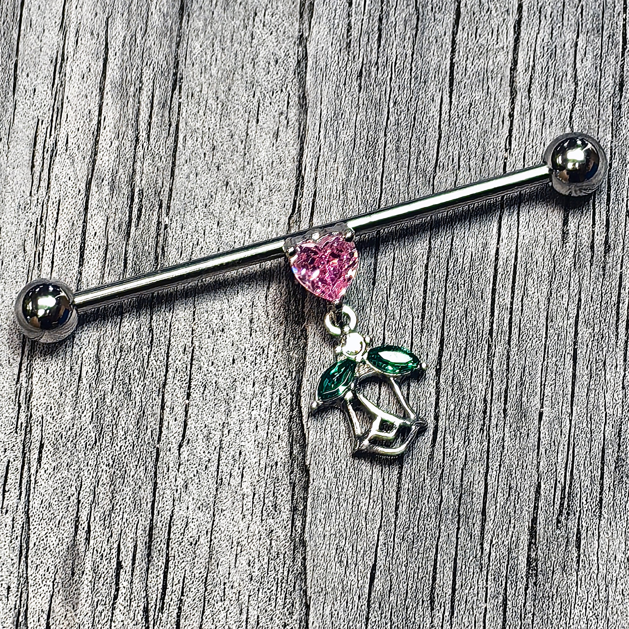14G Pink Gem Heart And Rose Dangle Industrial Barbell 38mm
