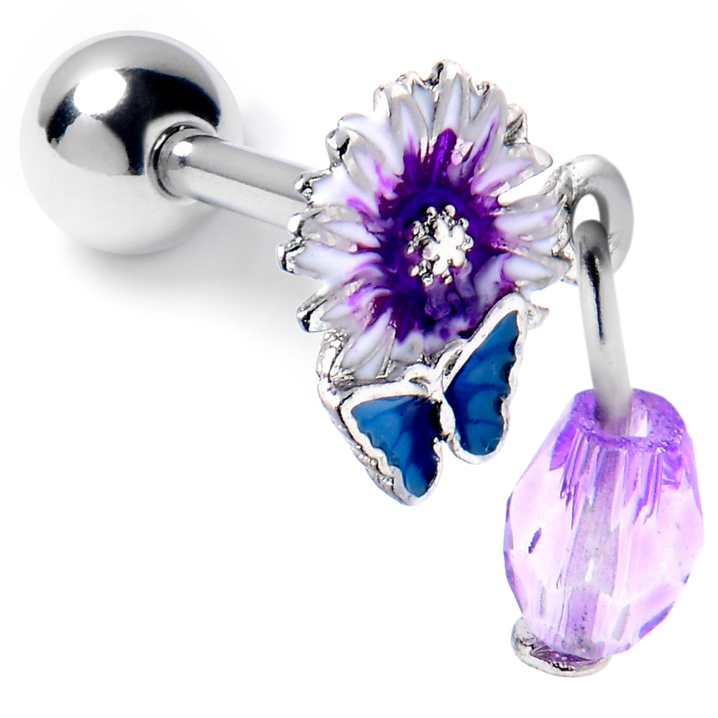16G 1/4 Purple Gem Passion Flower Butterfly Cartilage Earring
