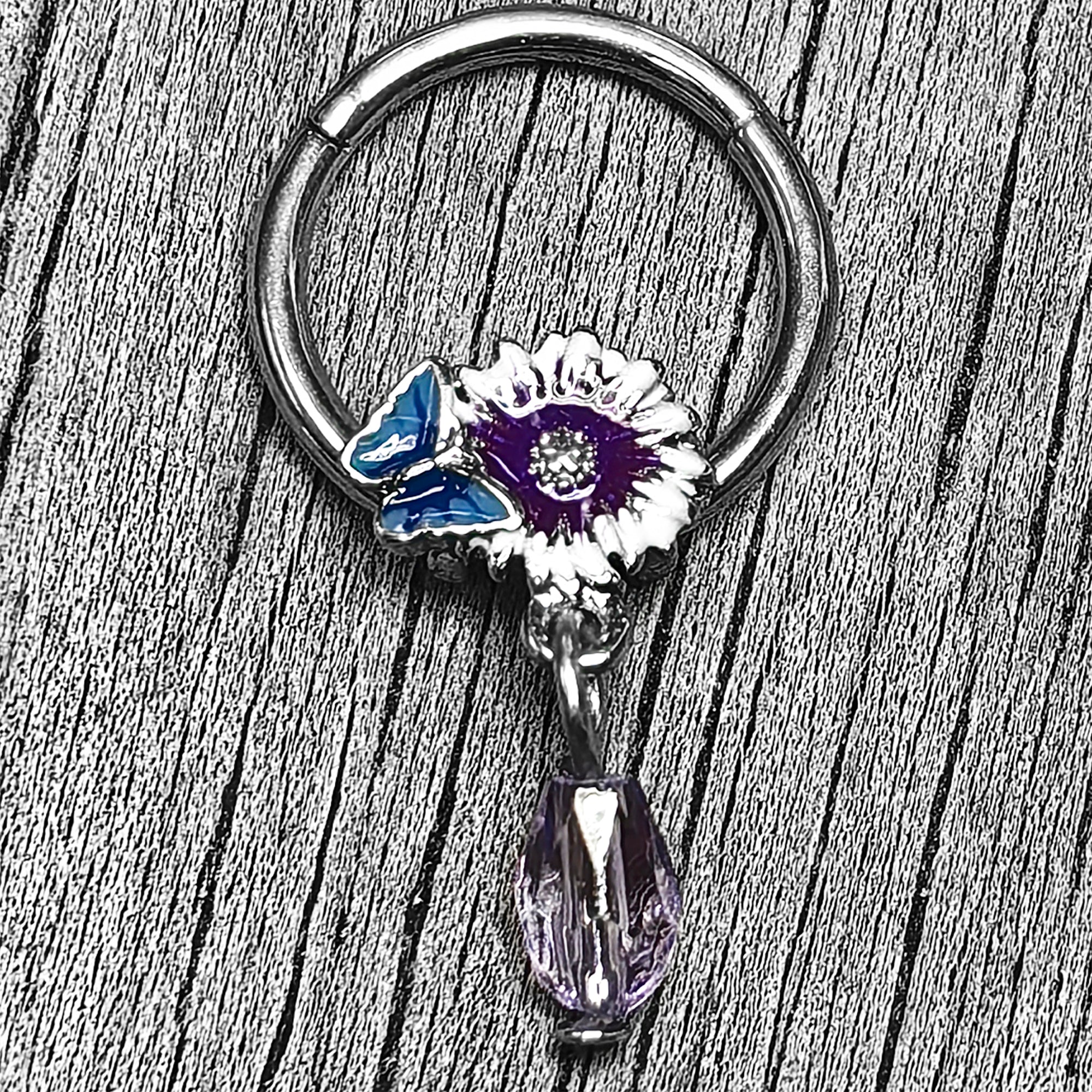 16G 3/8 Purple Gem Passion Flower Butterfly Hinged Segment Ring