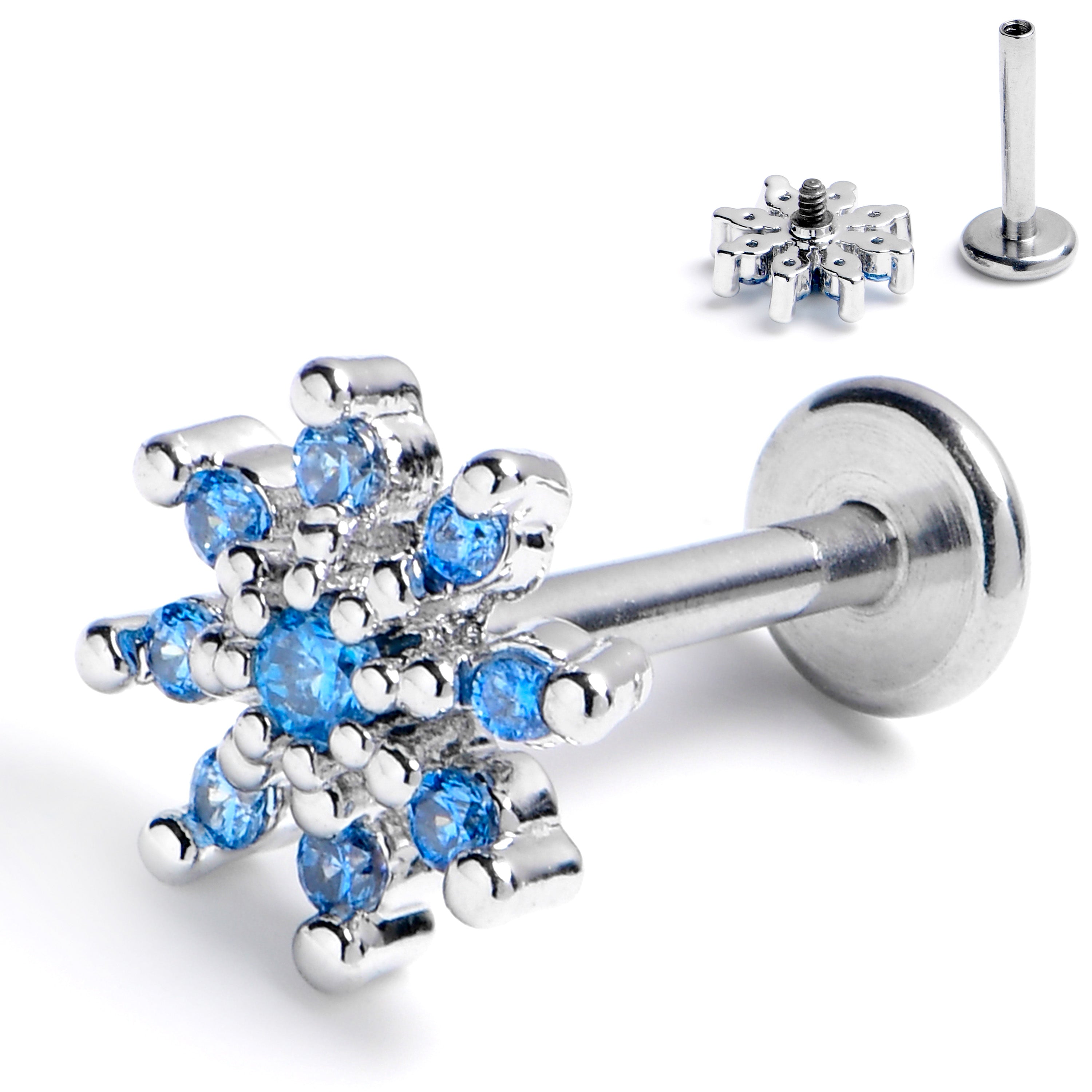 16G 5/16 Blue CZ Gem Fab Floral Internally Threaded Labret Tragus