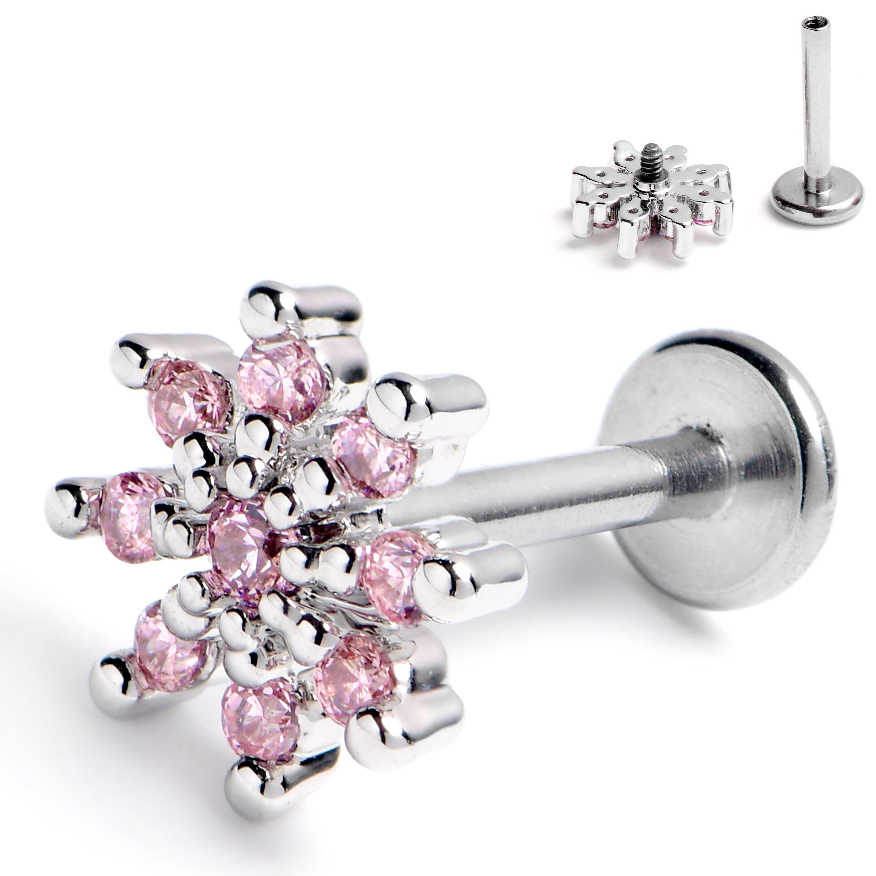 16G 5/16 Pink CZ Gem Fab Floral Internally Threaded Labret Tragus