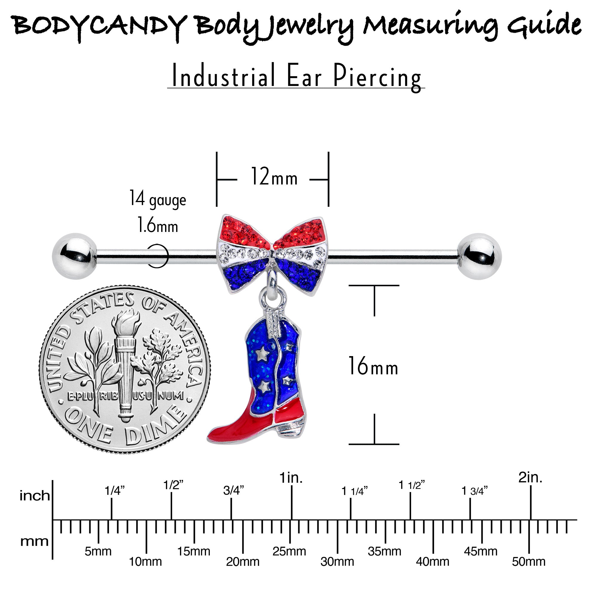 14G Red Blue Gem Bow Cowboy Boot Patriotic Industrial Barbell 38mm