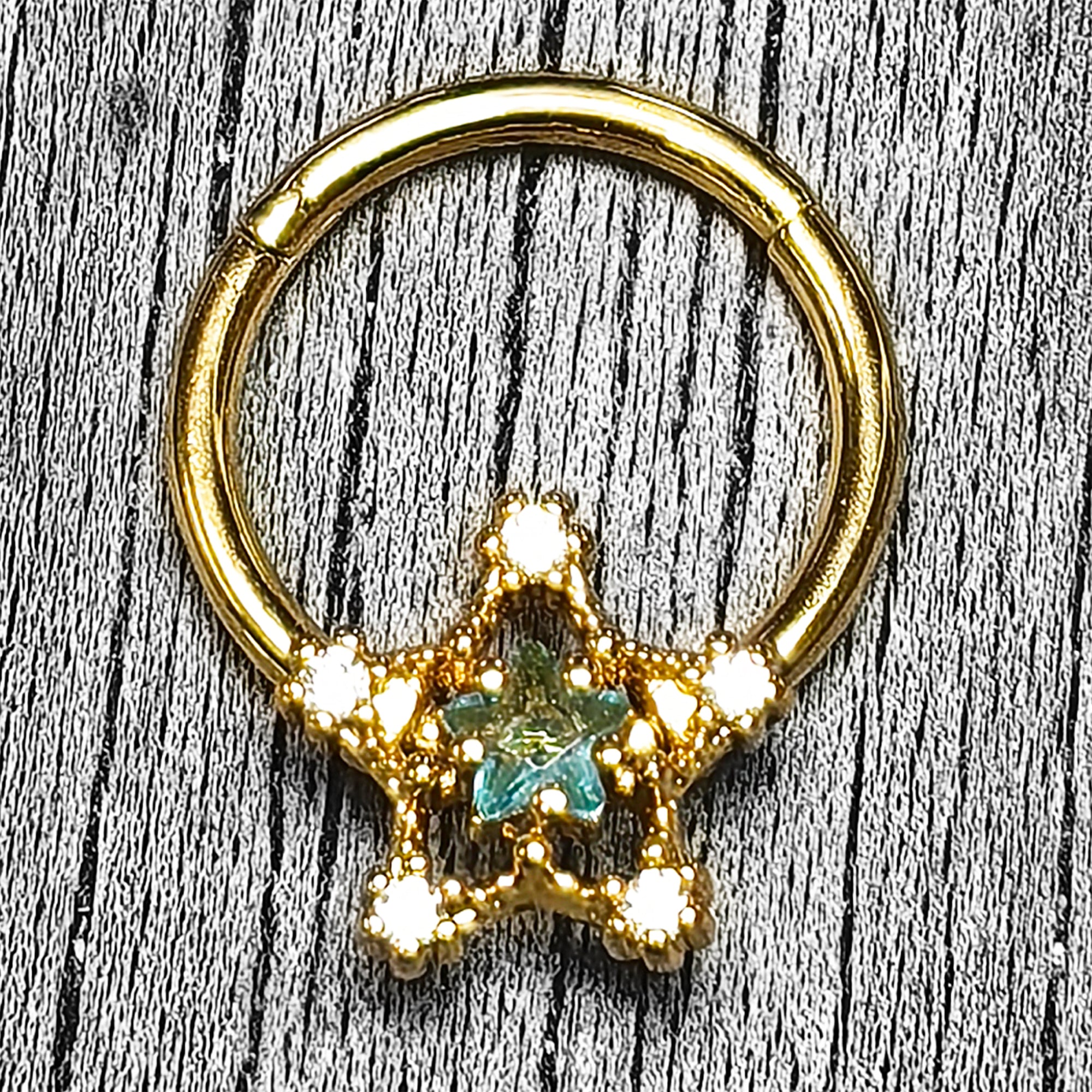 16G 3/8 Blue Clear Gem Gold Tone Starry Glam Hinged Segment Ring