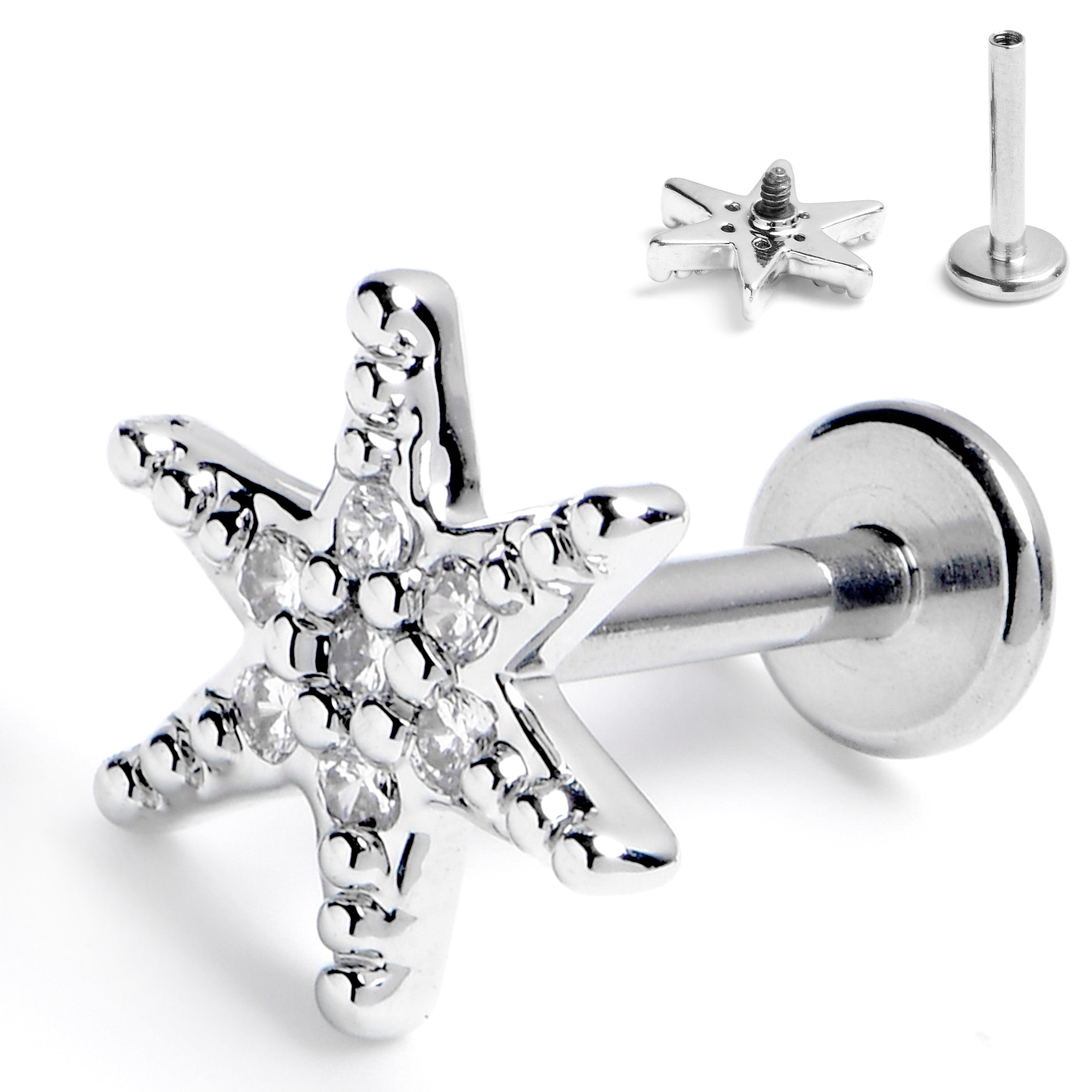 16G 5/16 Clear CZ Gem Lavish Star Internally Threaded Labret Tragus