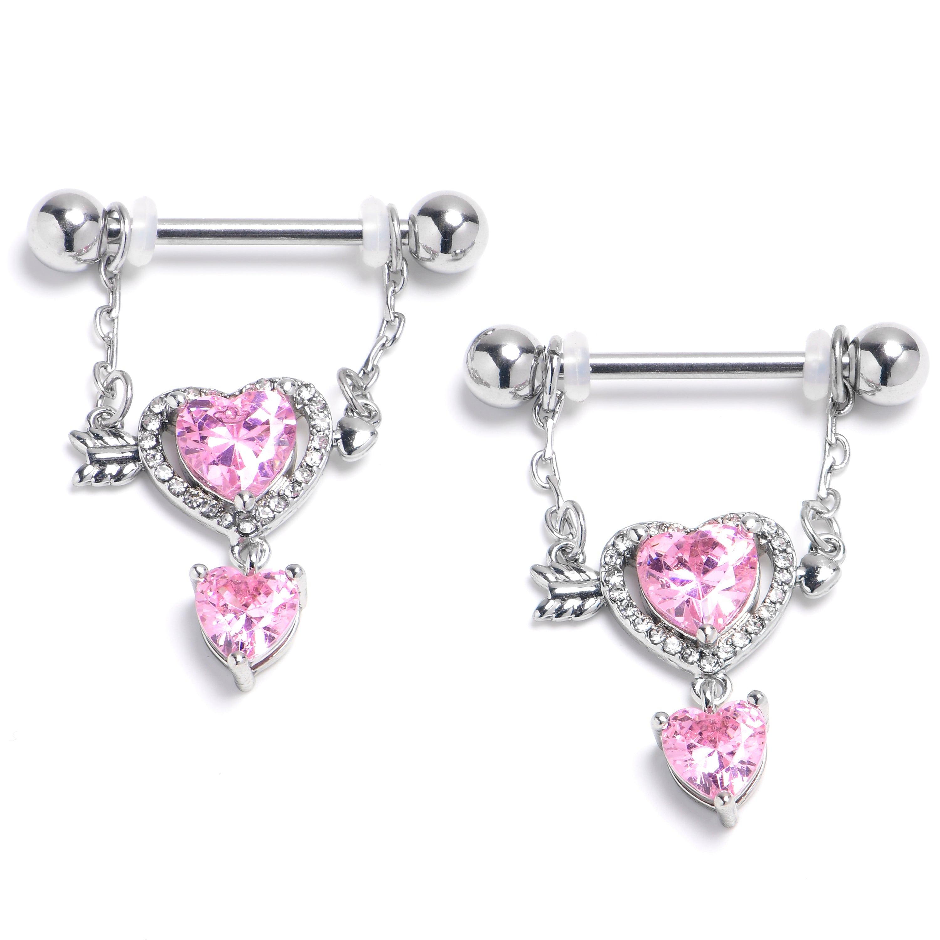14G 9/16 Pink CZ Gem Fusion Of Love Arrow Heart Dangle Nipple Ring Set