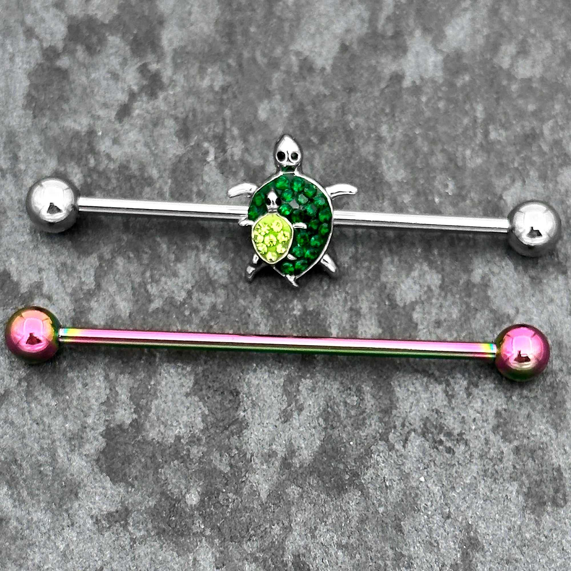 14G Green Gem Rainbow Turtle World Industrial Barbell 38mm Set of 2