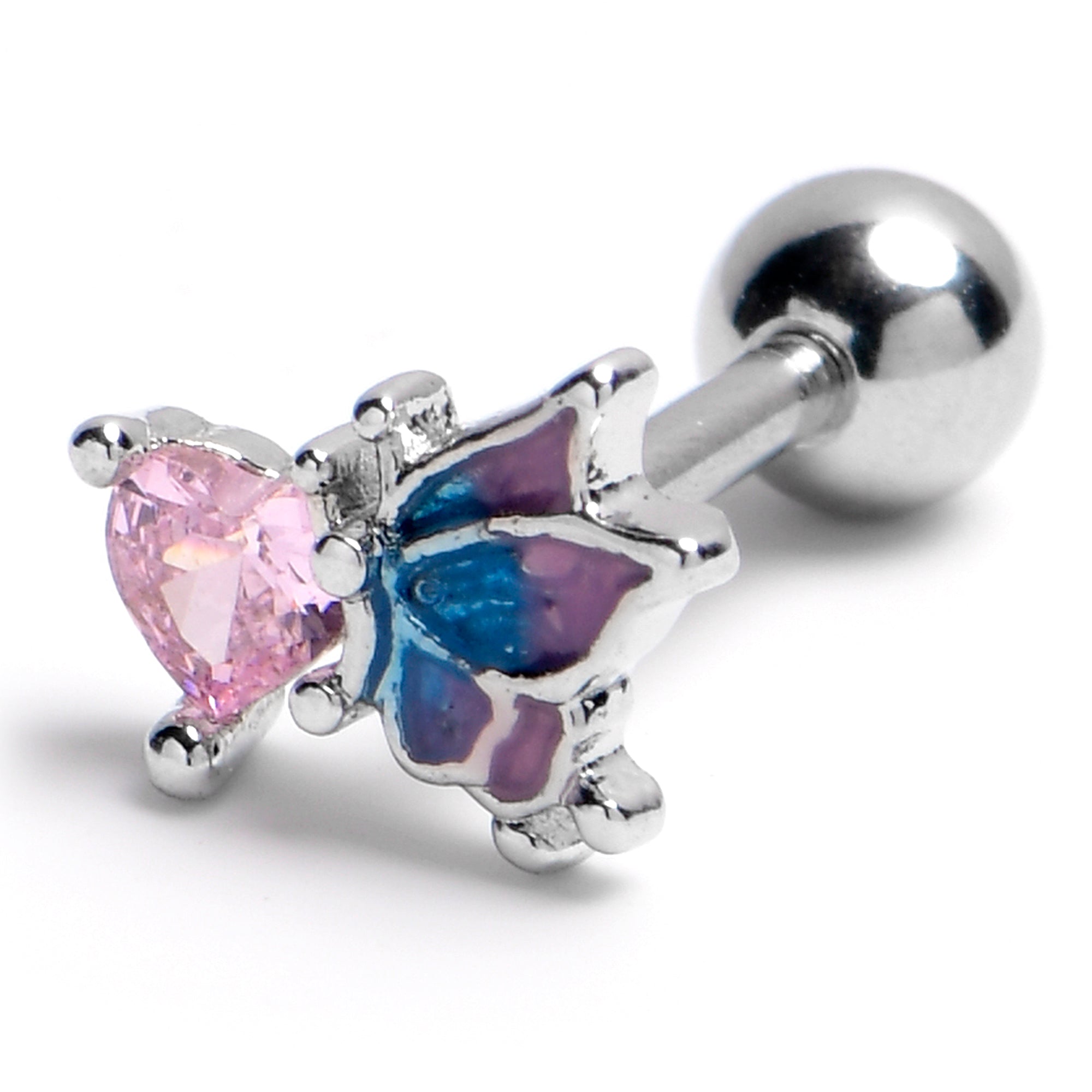 16G 1/4 Pink Gem Heart Butterfly Purple Cartilage Tragus Earring