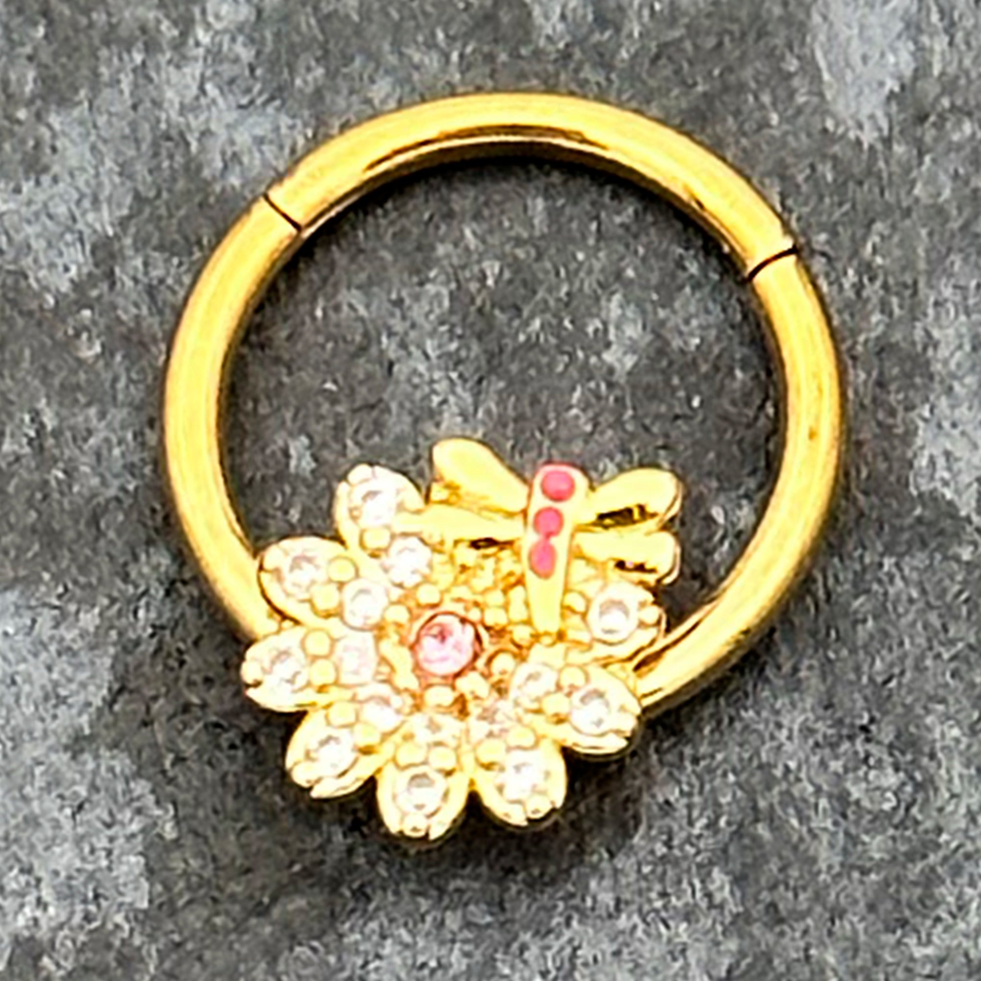 16G 3/8 Clear Pink Gem Gold Tone Flower Bug Hinged Segment Ring