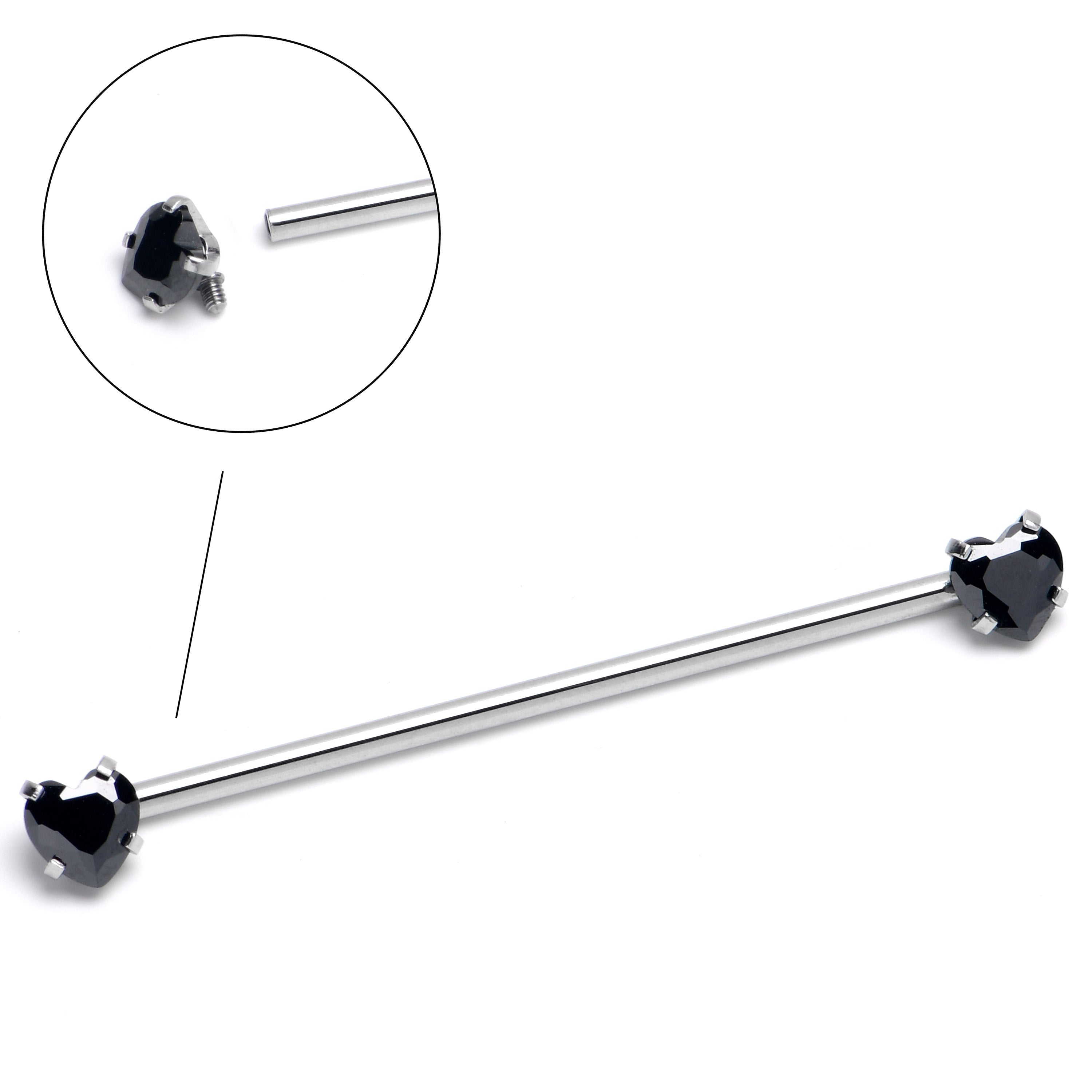 14G Black CZ Gem Heart Internally Threaded Industrial Barbell 38mm