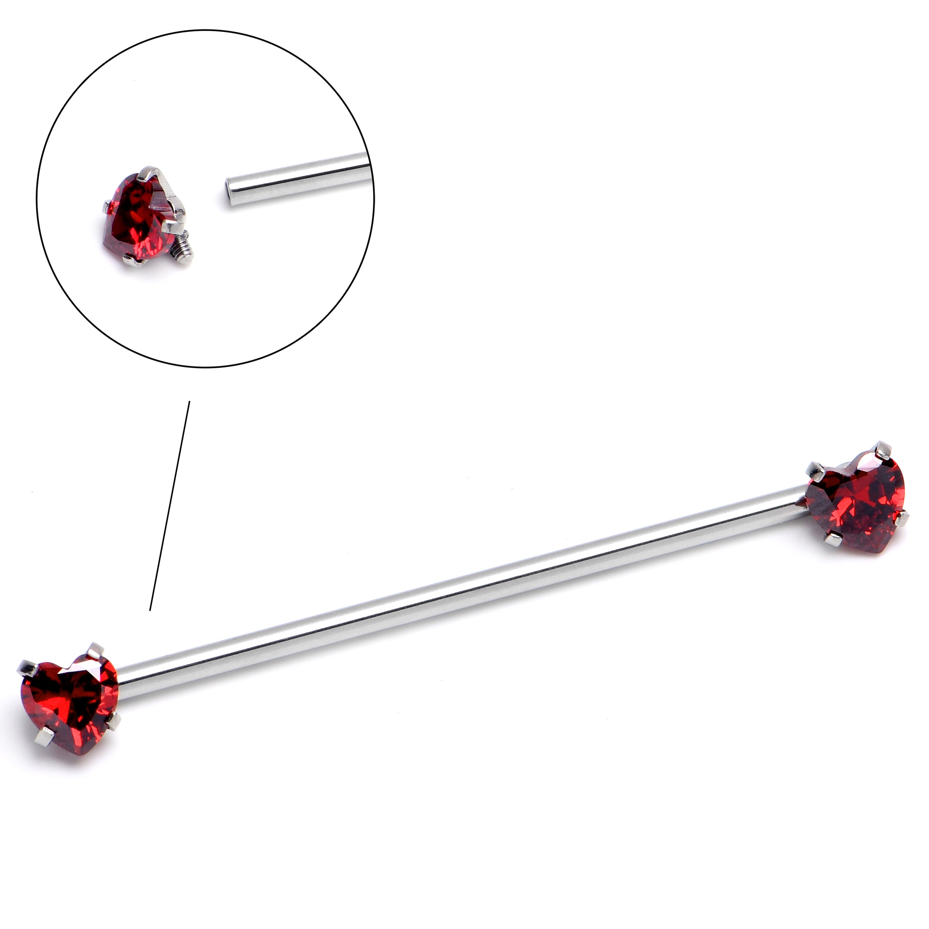 14G Red CZ Gem Heart Internally Threaded Industrial Barbell 38mm