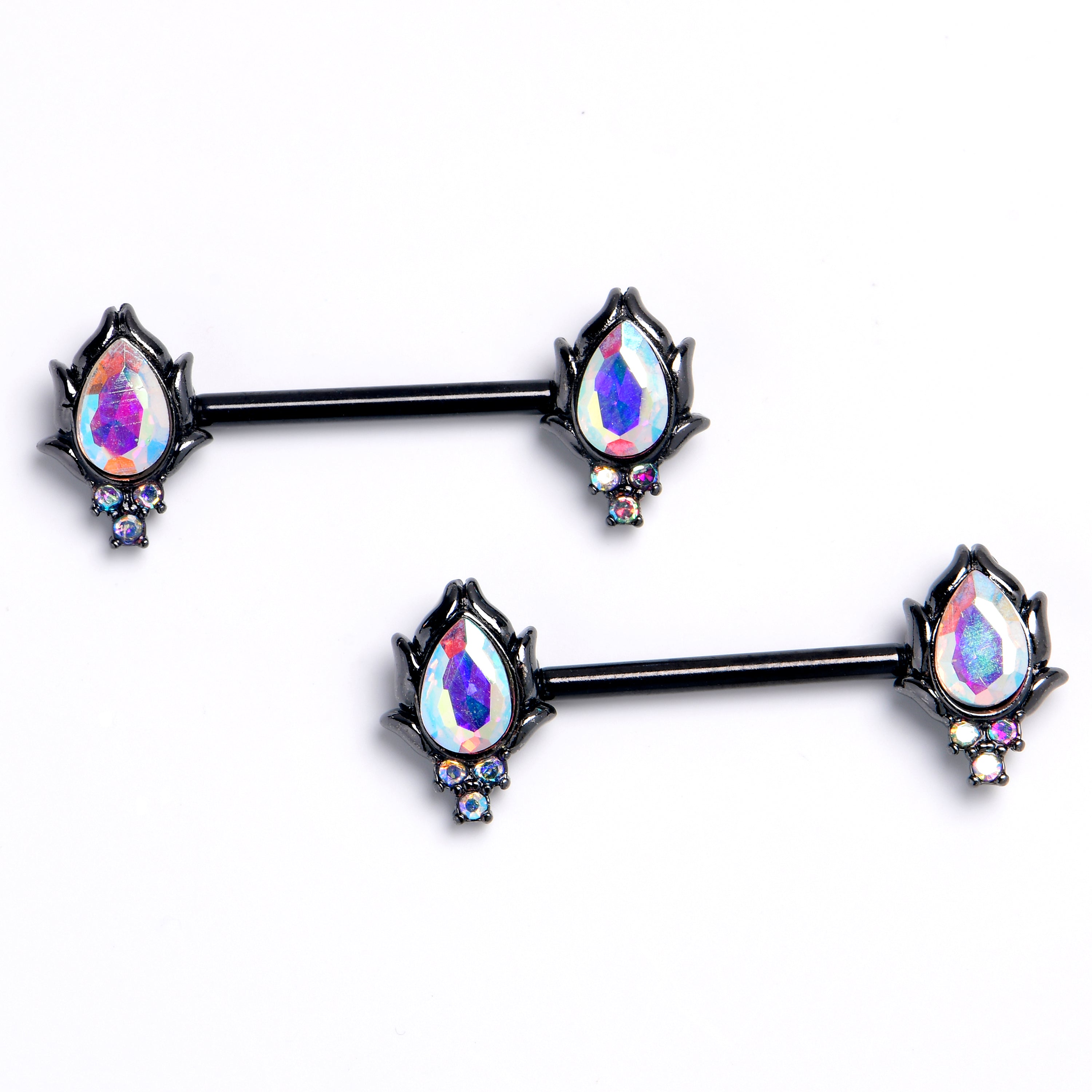 14G 9/16 Aurora CZ Gem Black Dream Drop Barbell Nipple Ring Set