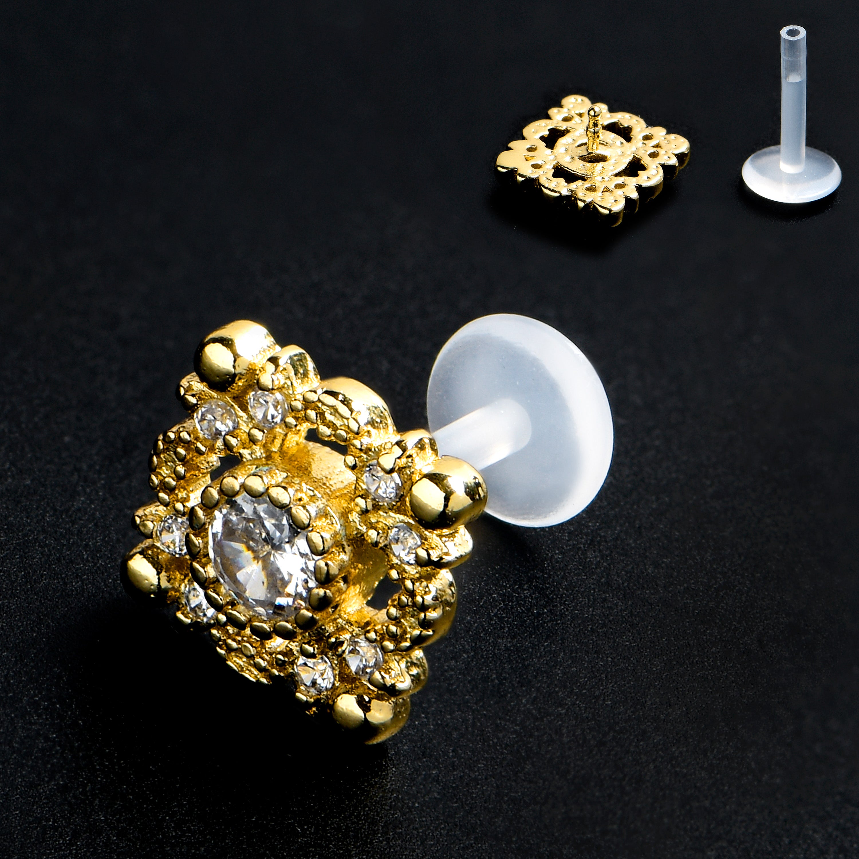 16G 5/16 Clear Gem Classic Cross PTFE Bioplast Labret Monroe Tragus