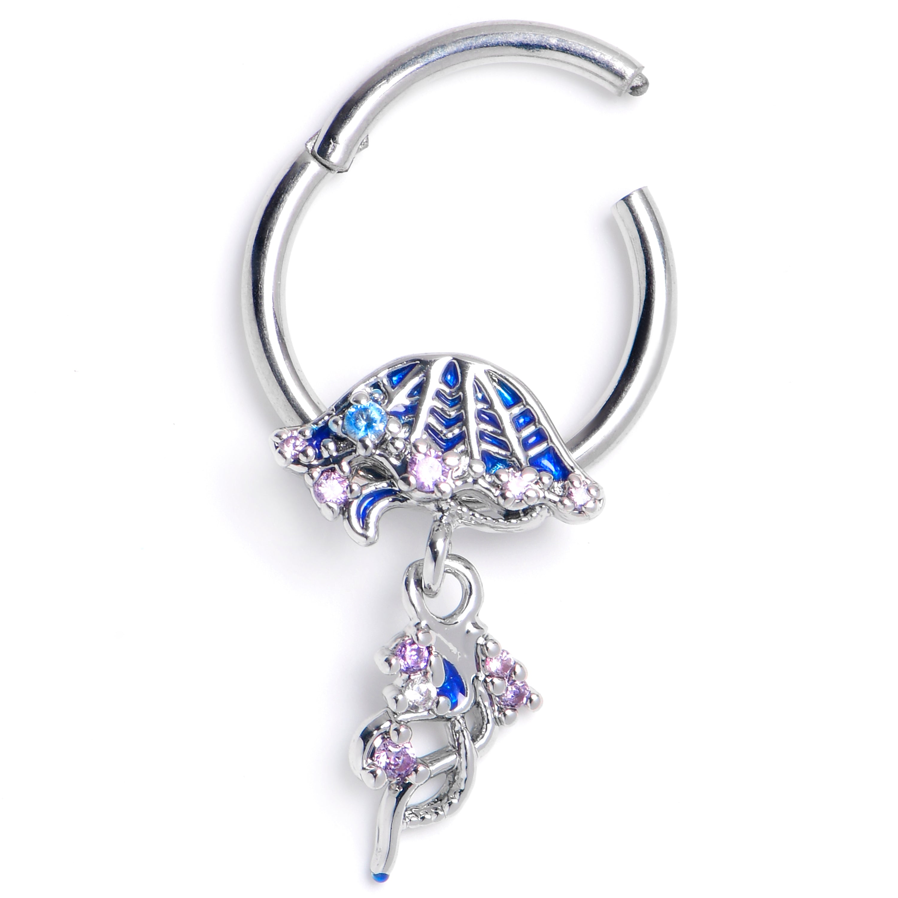 16G 3/8 Clear Blue Gem Jellyfish Blue Hinged Segment Ring