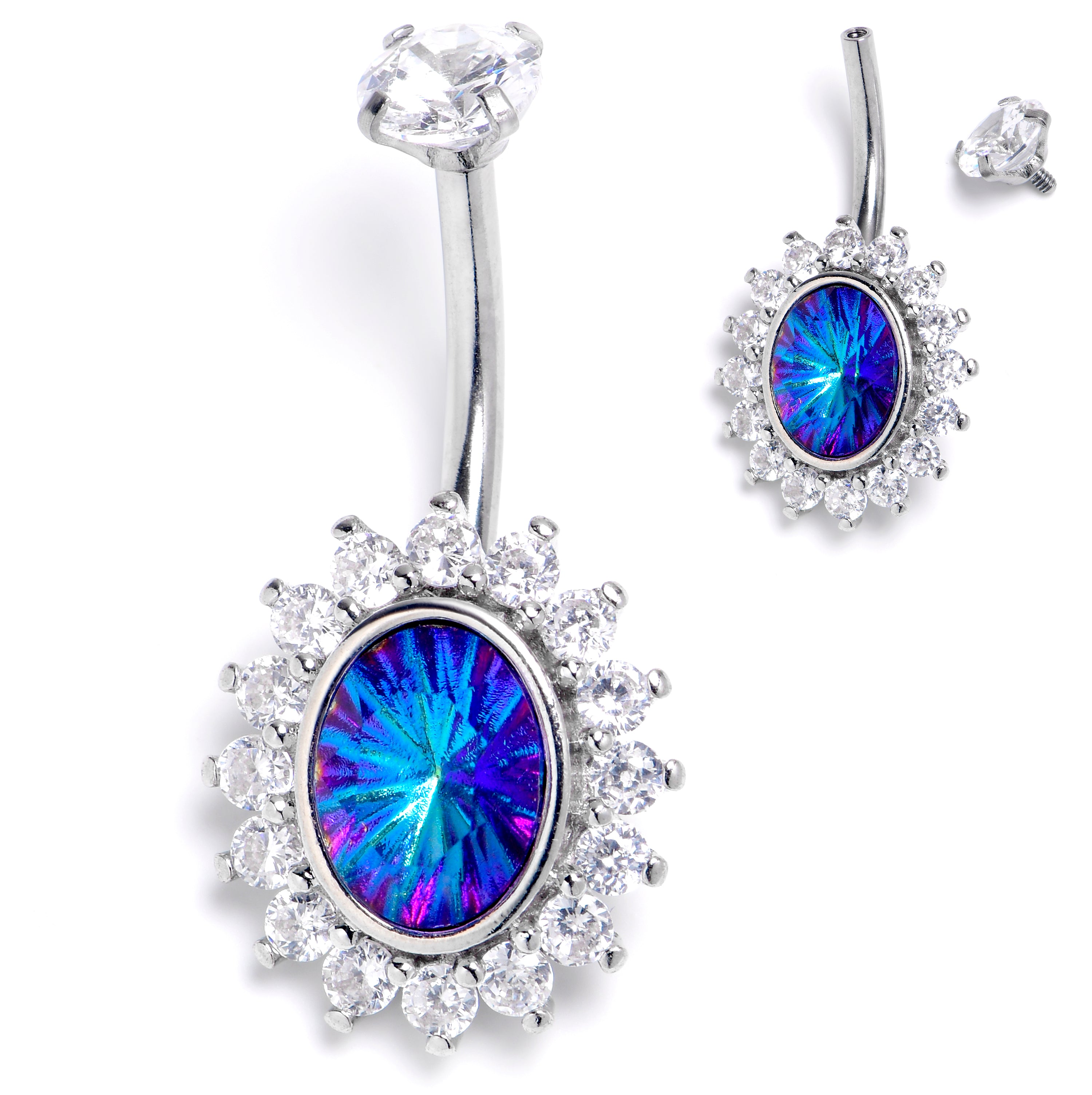 Blue CZ Gem Internally Threaded Aurora Effect Belly Ring