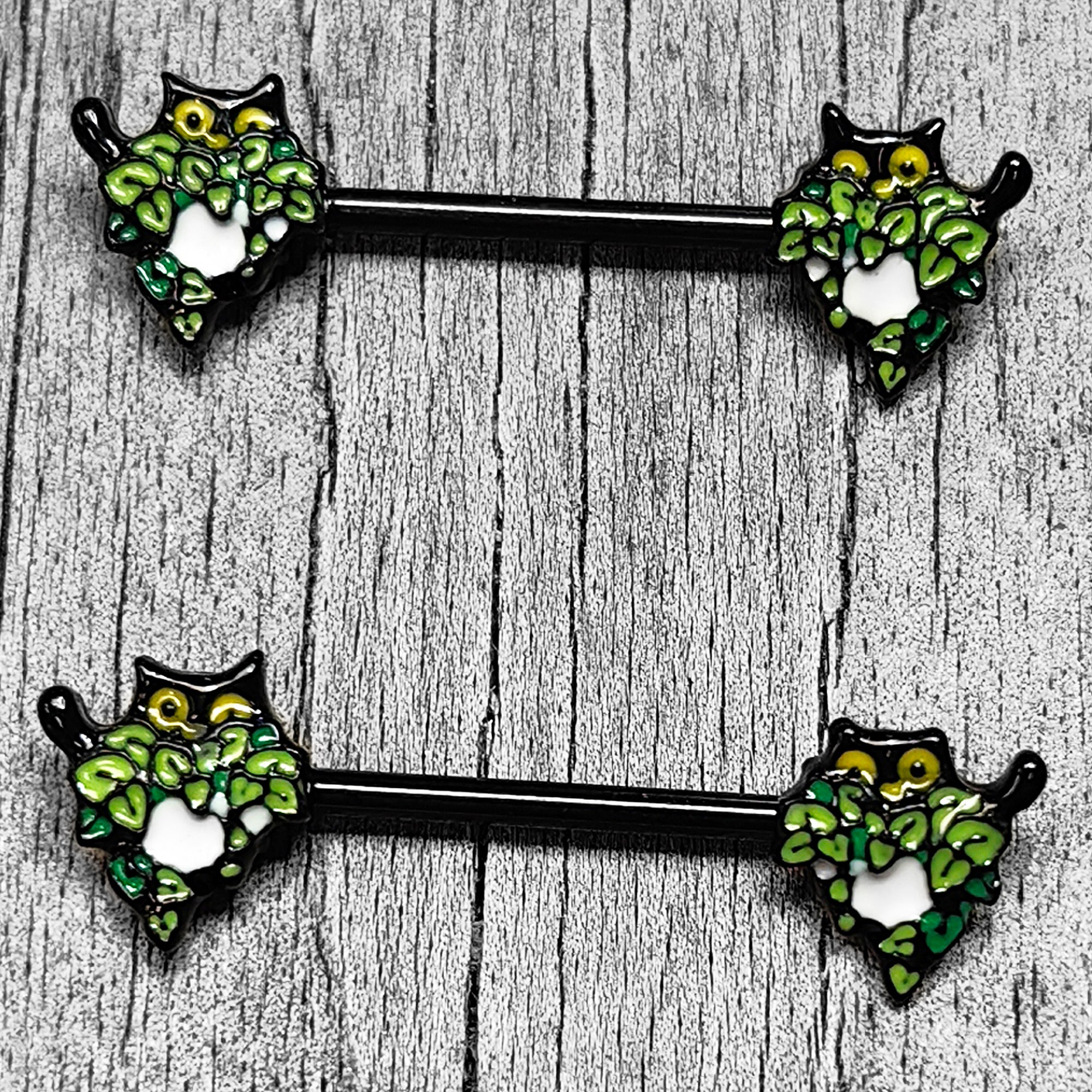 14G 9/16 Black Pouncing Cat Barbell Nipple Ring Set