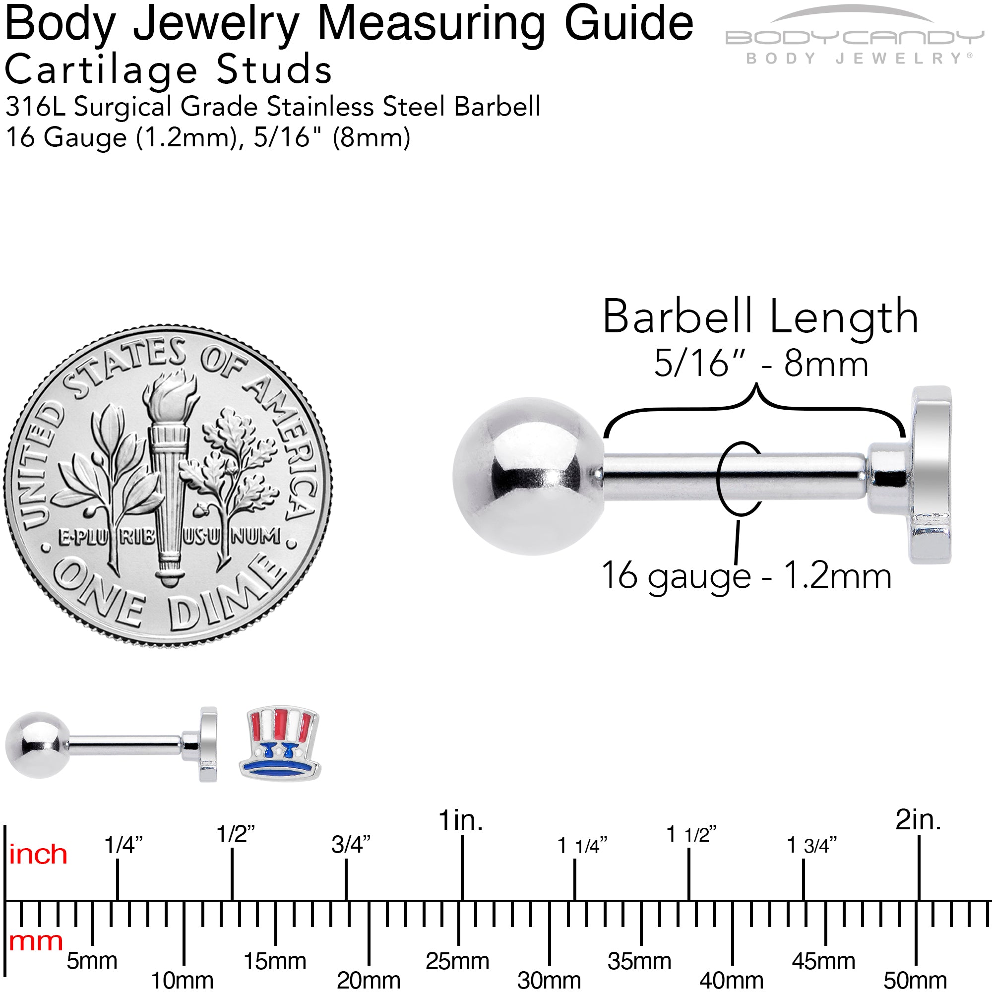 16G 1/4 Patriotic Uncle Sam Top Hat Cartilage Tragus Earring