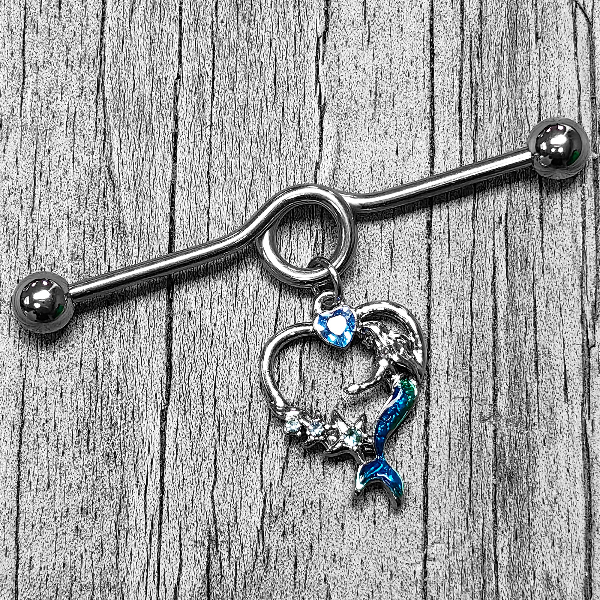 14G Blue Gem Mermaid Tail Stars Heart Dangle Project Bar 38mm