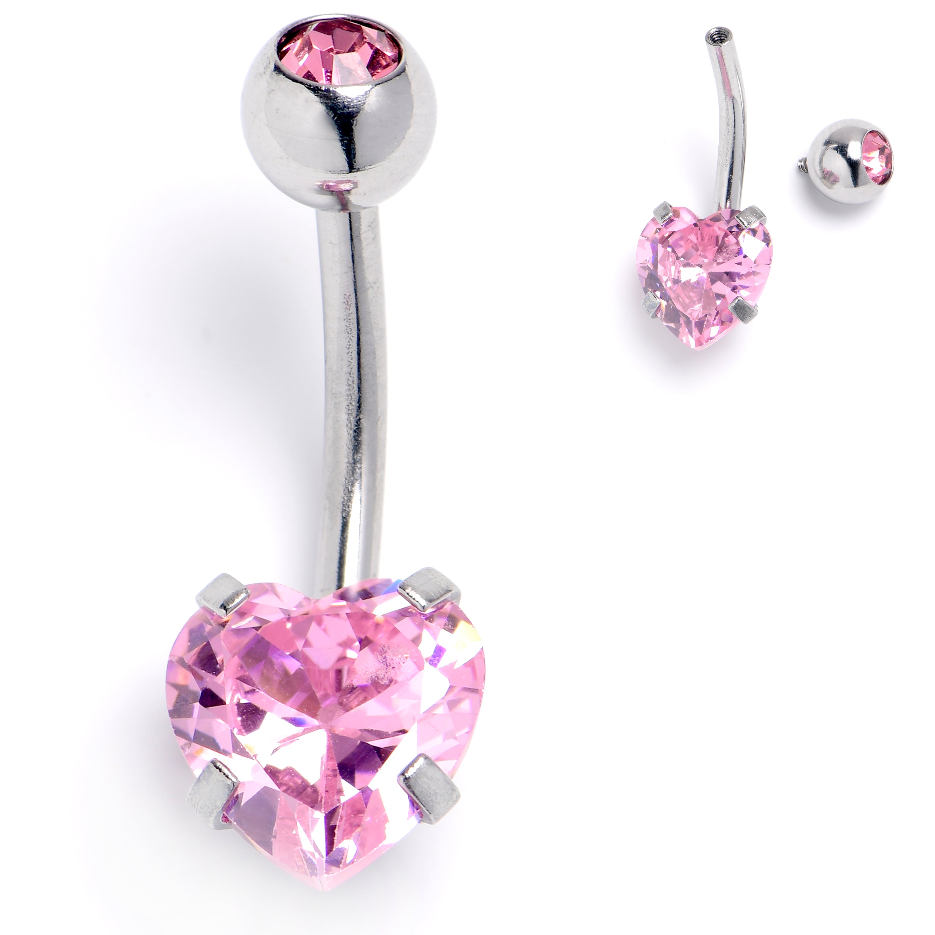 Pink CZ Gem Heart Internally Threaded Belly Ring