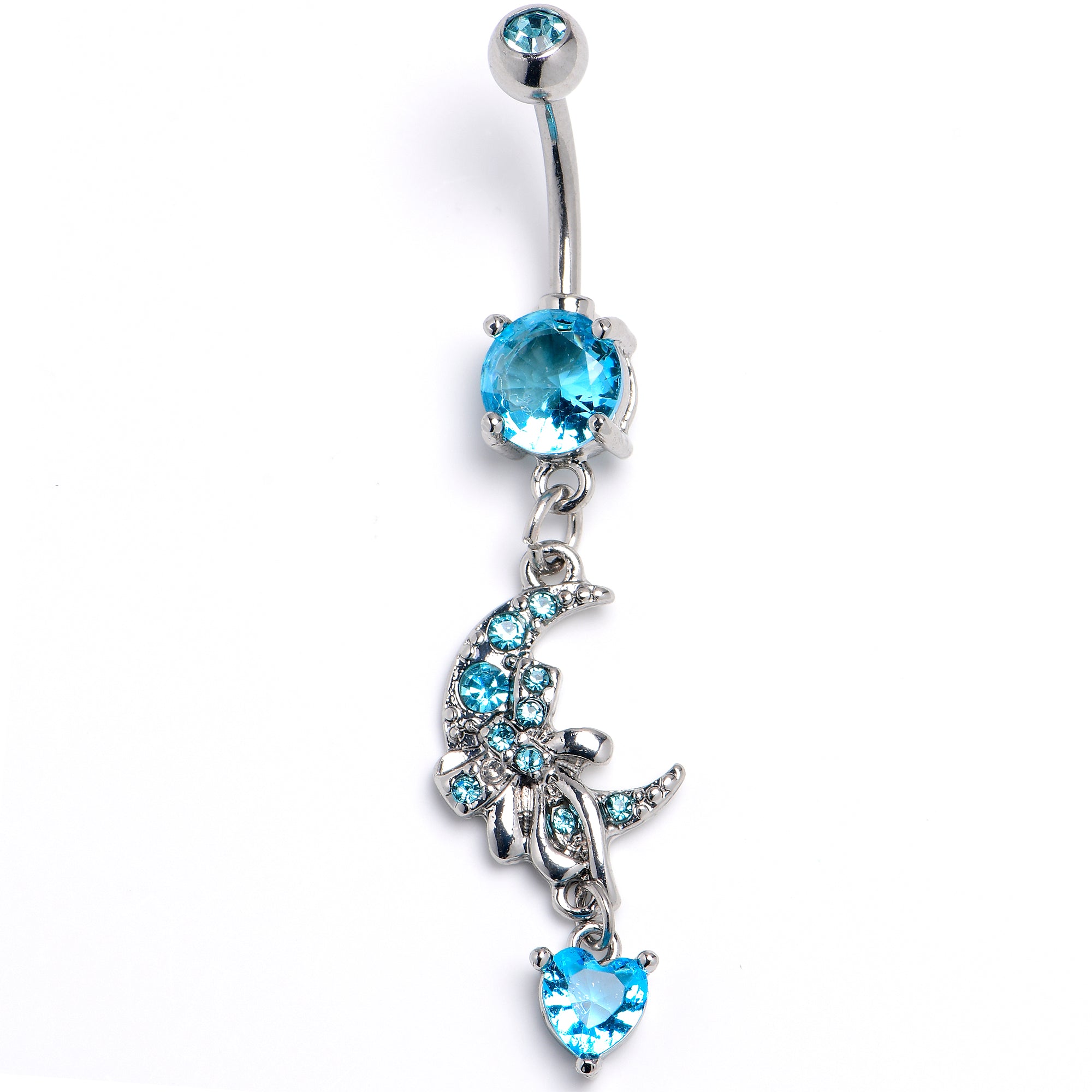 Blue Gem Bow Moon Heart Dangle Belly Ring