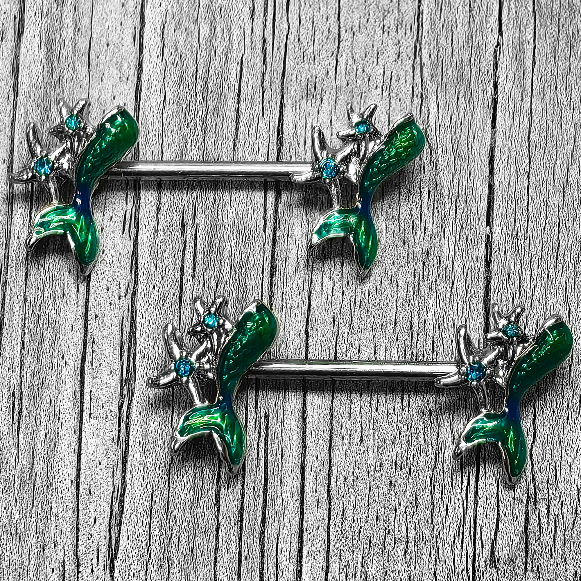 14G 9/16 Green Gem Blue Mermaid Tail Stars Barbell Nipple Ring Set