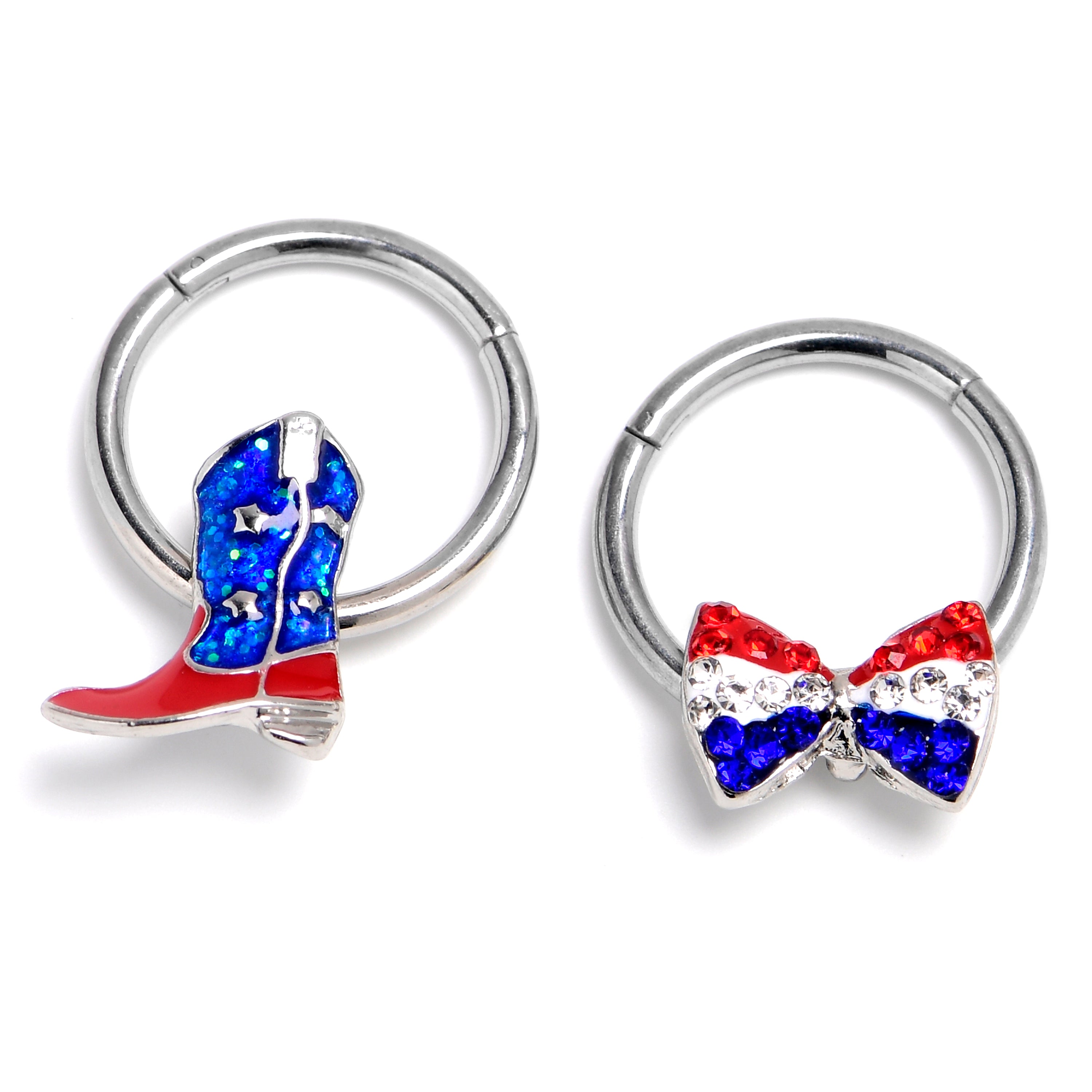 16G 3/8 Red Blue Gem Bow Cowboy Boot Hinged Segment Ring Set of 2
