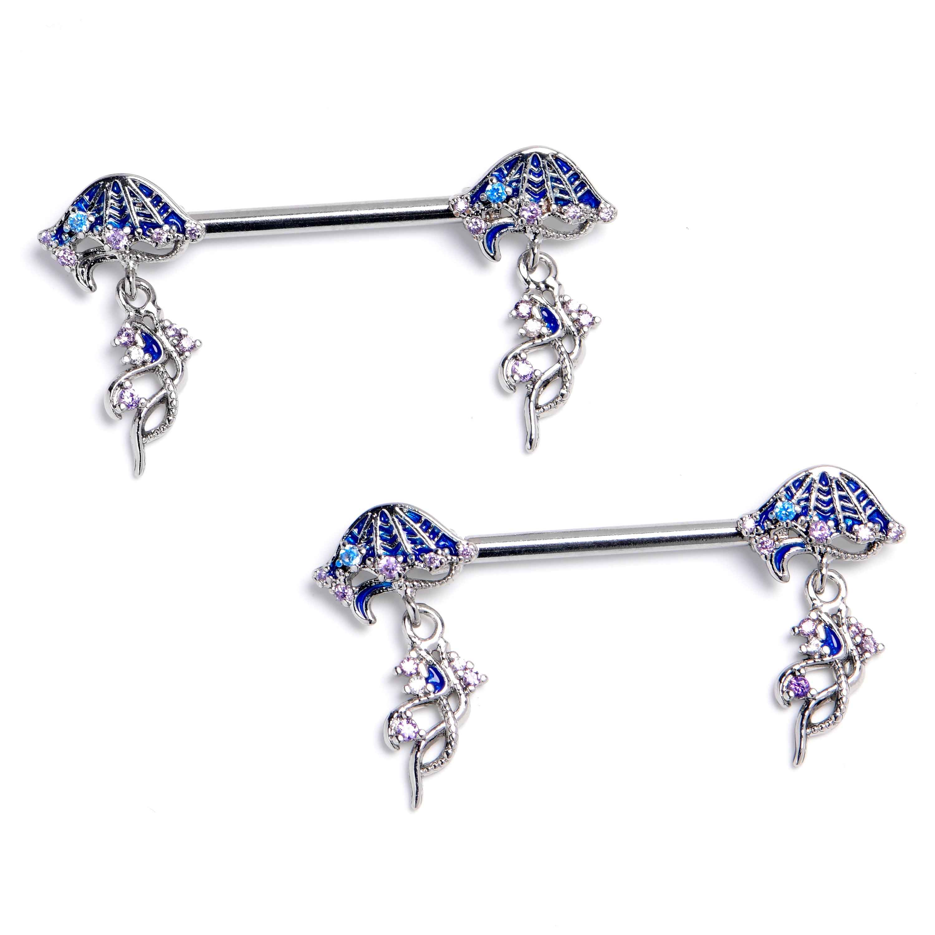 14G 9/16 Blue CZ Gem Jellyfish Blue Dangle Nipple Ring Set