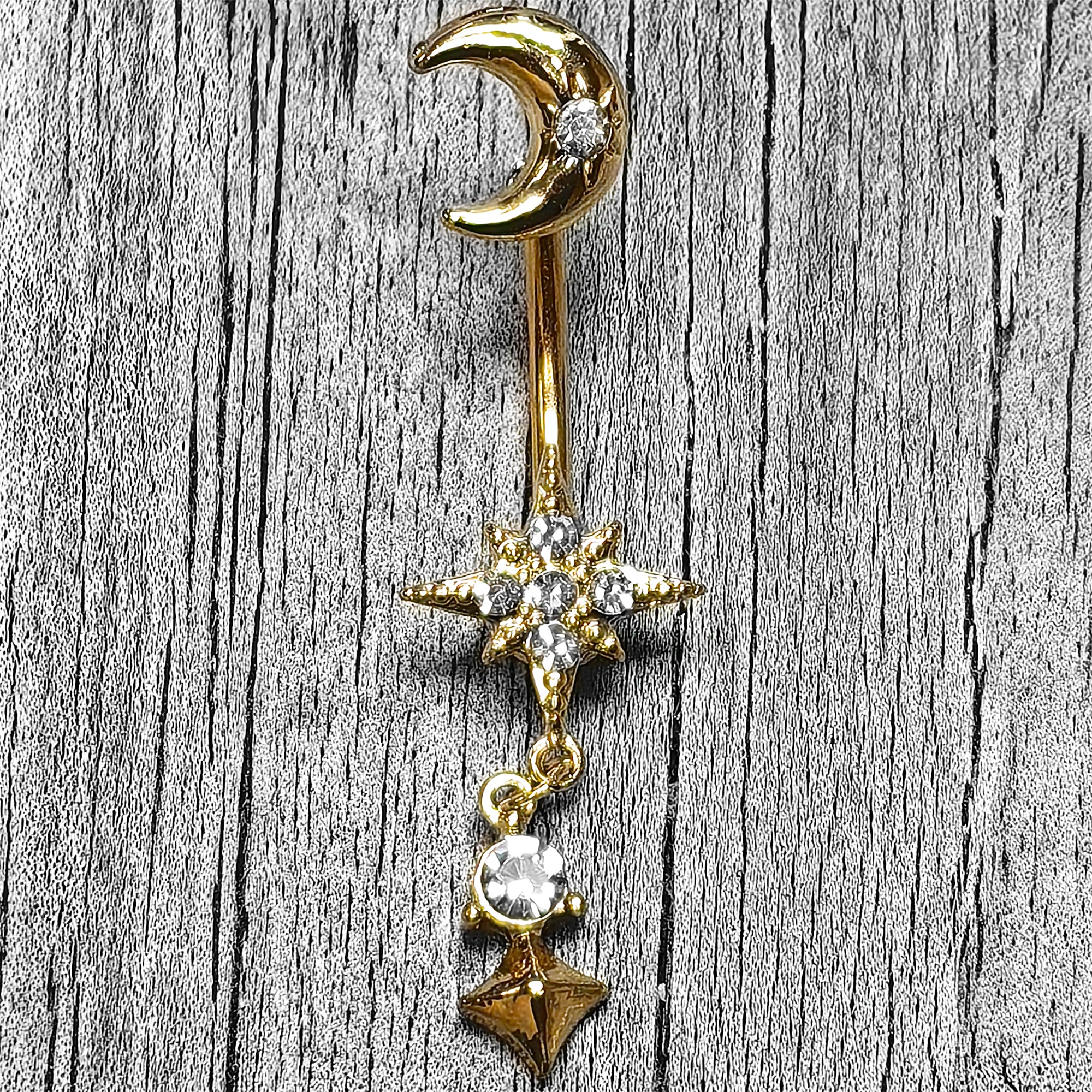 Clear Gem Gold Tone Celestial Glam Dangle Double Mount Belly Ring