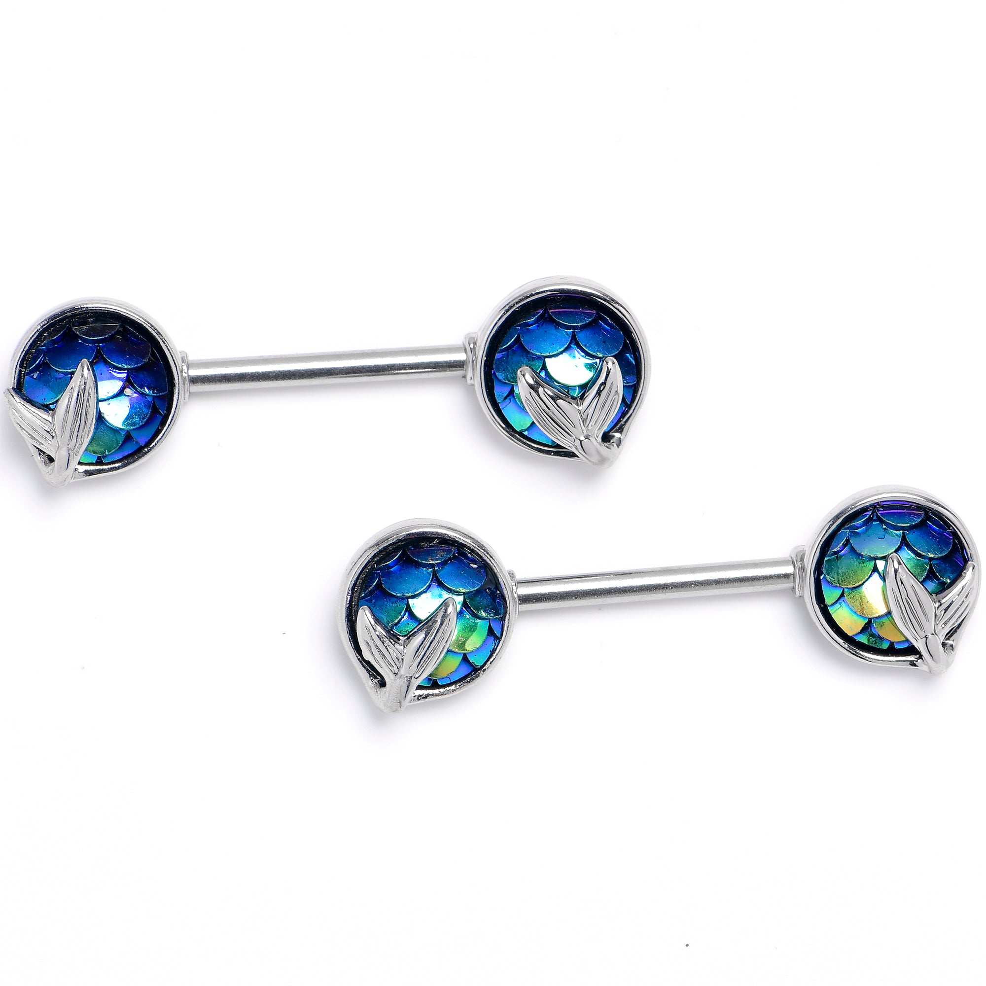 14G 9/16 Mermaid Dark Blue Scale Tail Barbell Nipple Ring Set