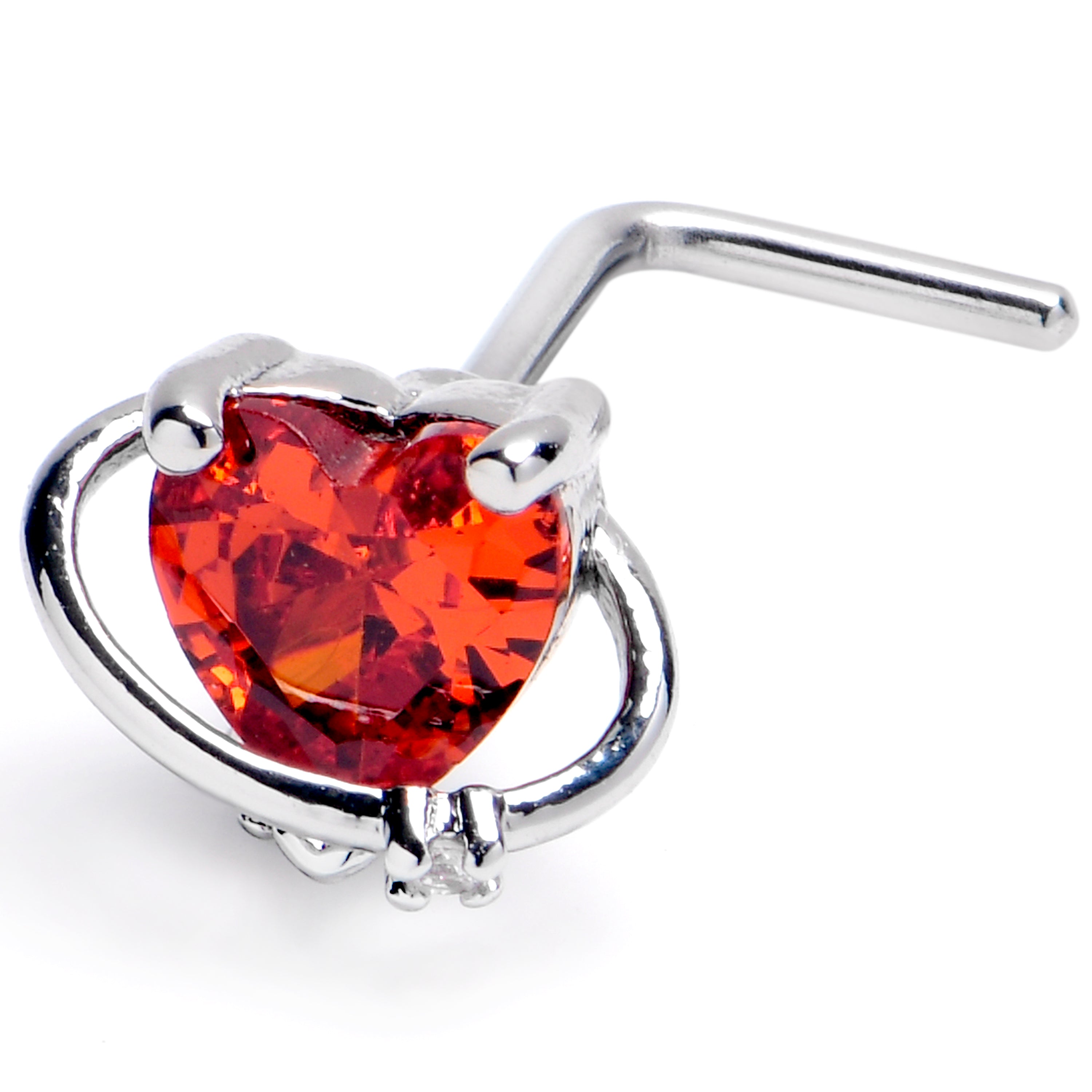 20G 1/4 Red CZ Gem Heart Saturn L Shape Nose Ring