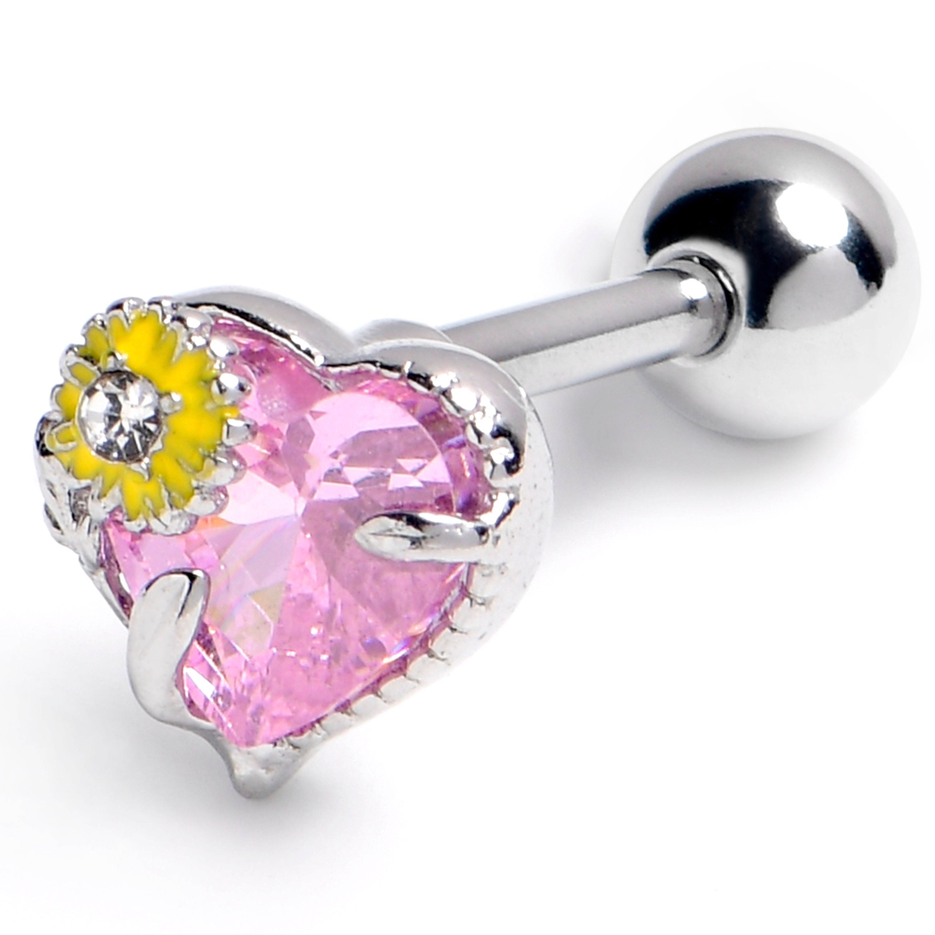 16G 1/4 Pink Gem Sunflower Heart Love Cartilage Tragus Earring