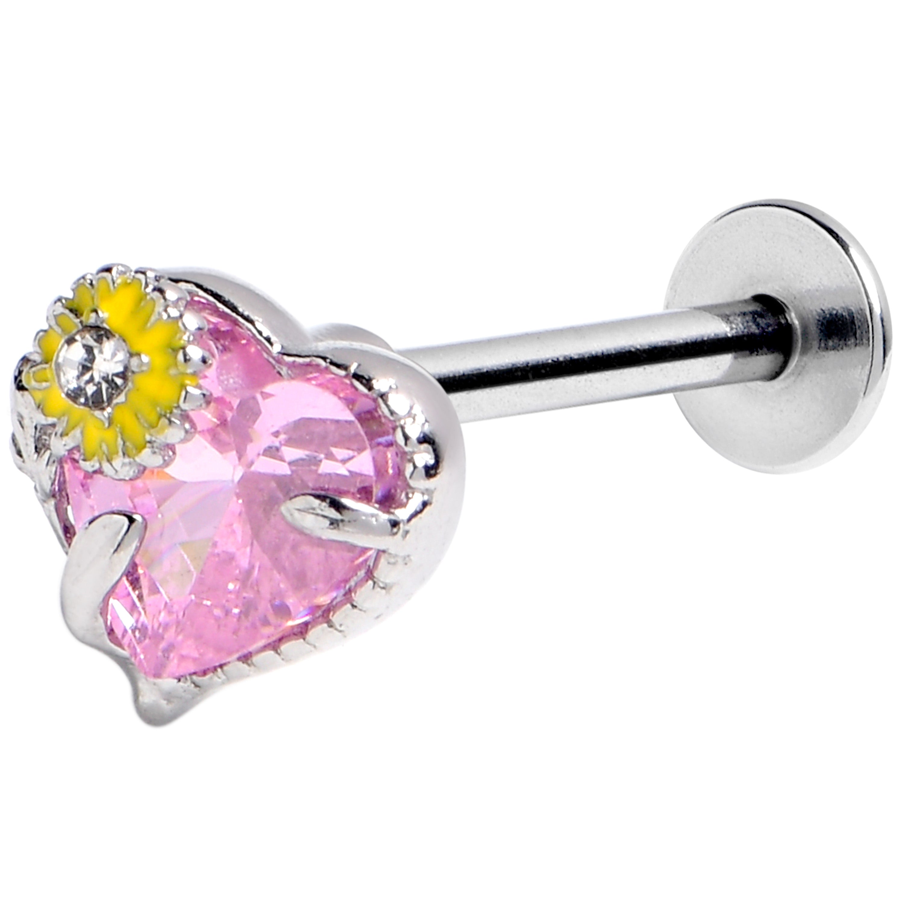 16G 5/16 Pink CZ Gem Sunflower Heart Love Labret Monroe Tragus