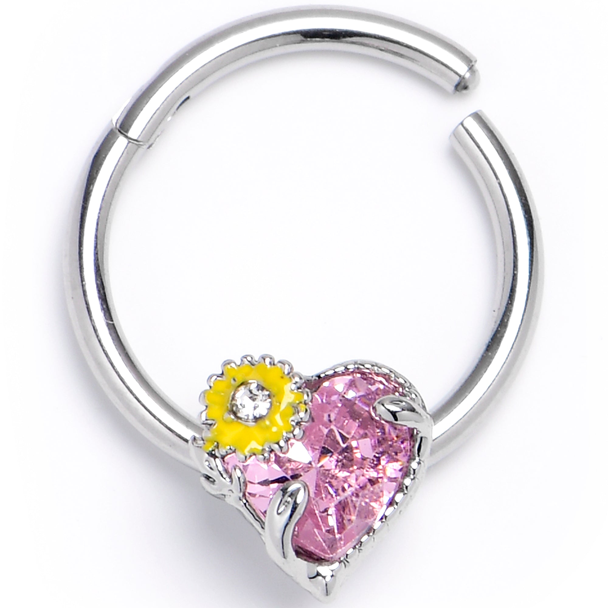16G 3/8 Pink Clear Gem Sunflower Heart Love Hinged Segment Ring
