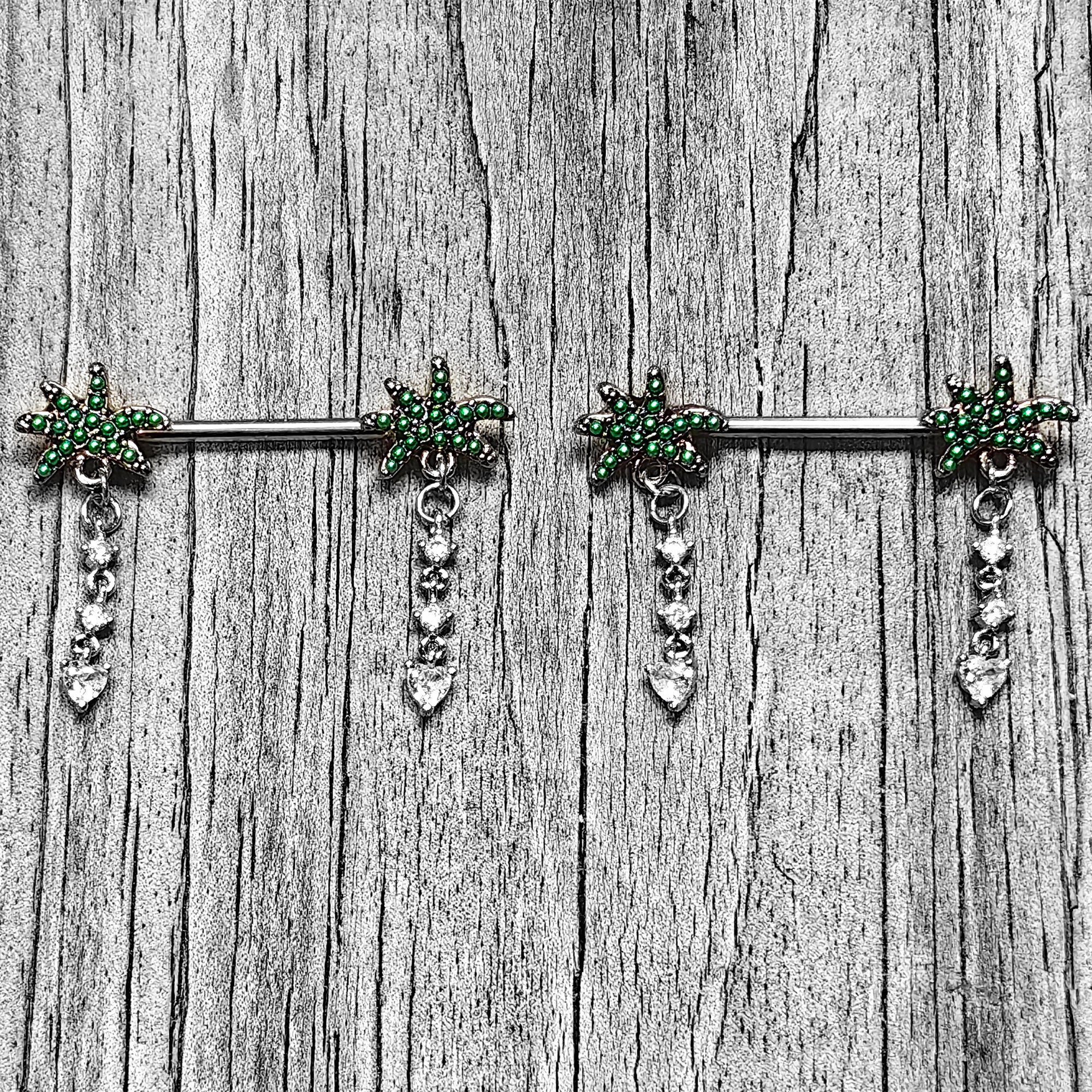 14G 9/16 Clear Gem Palm Tree Love Dangle Nipple Ring Set