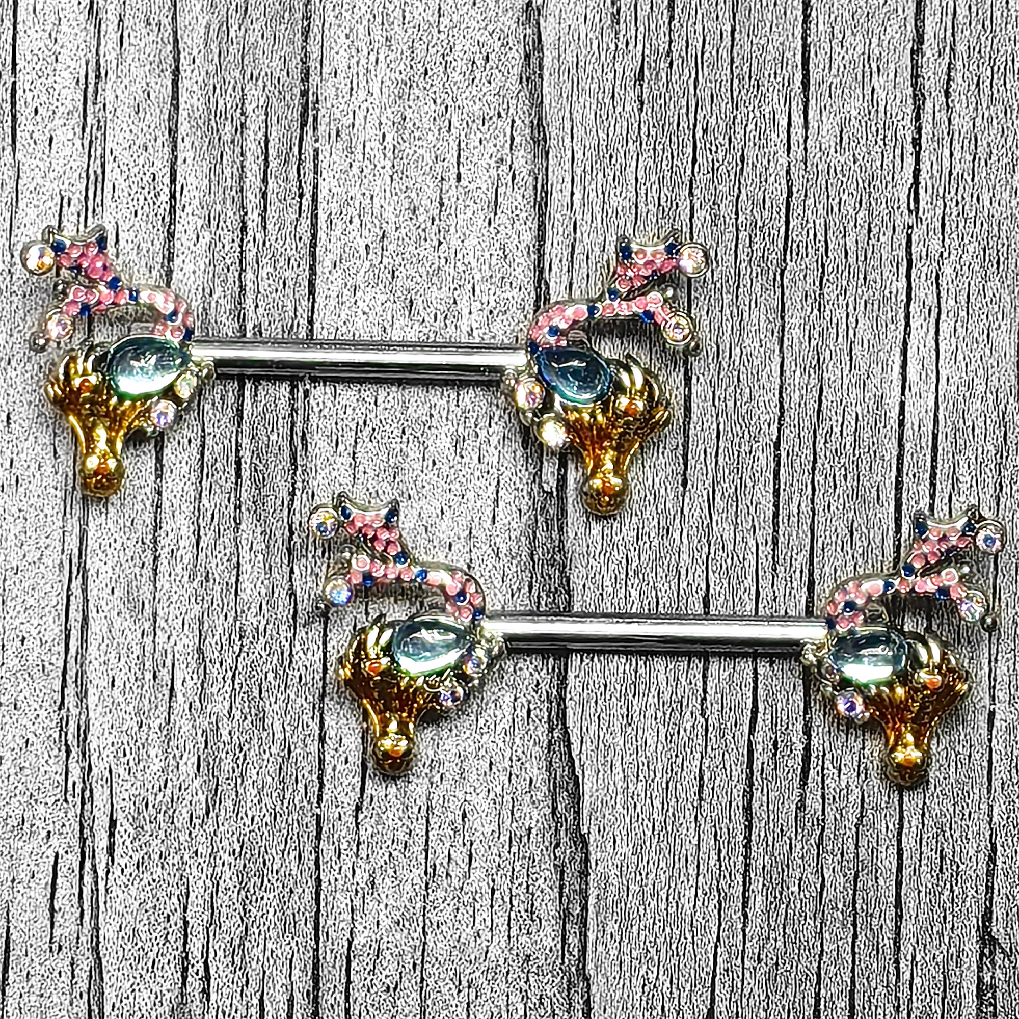 14G 9/16 Blue Aurora Gem Abstract Mermaid Barbell Nipple Ring Set