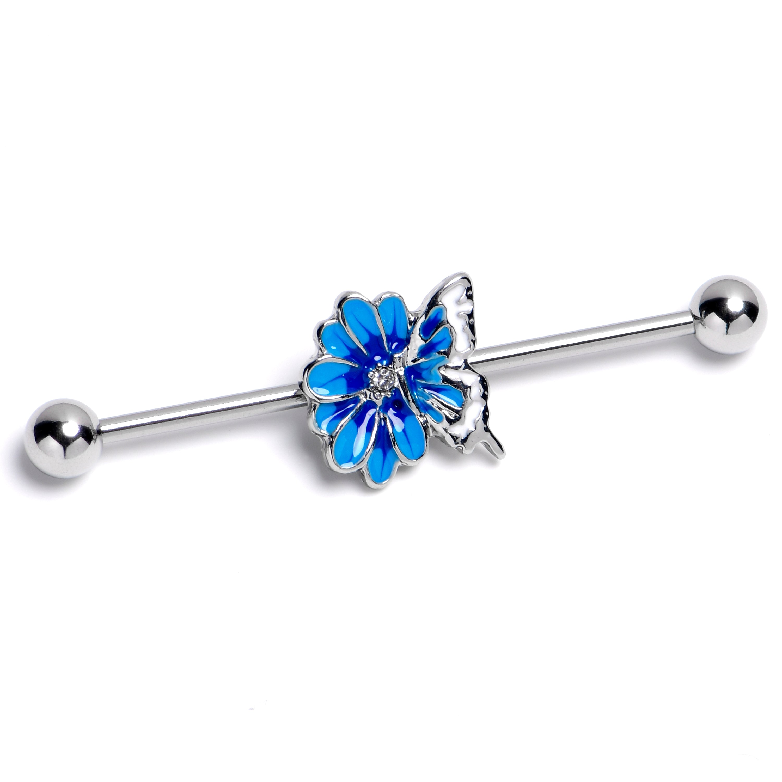 14G Clear Gem Butterfly Blossom Blue Industrial Barbell 38mm