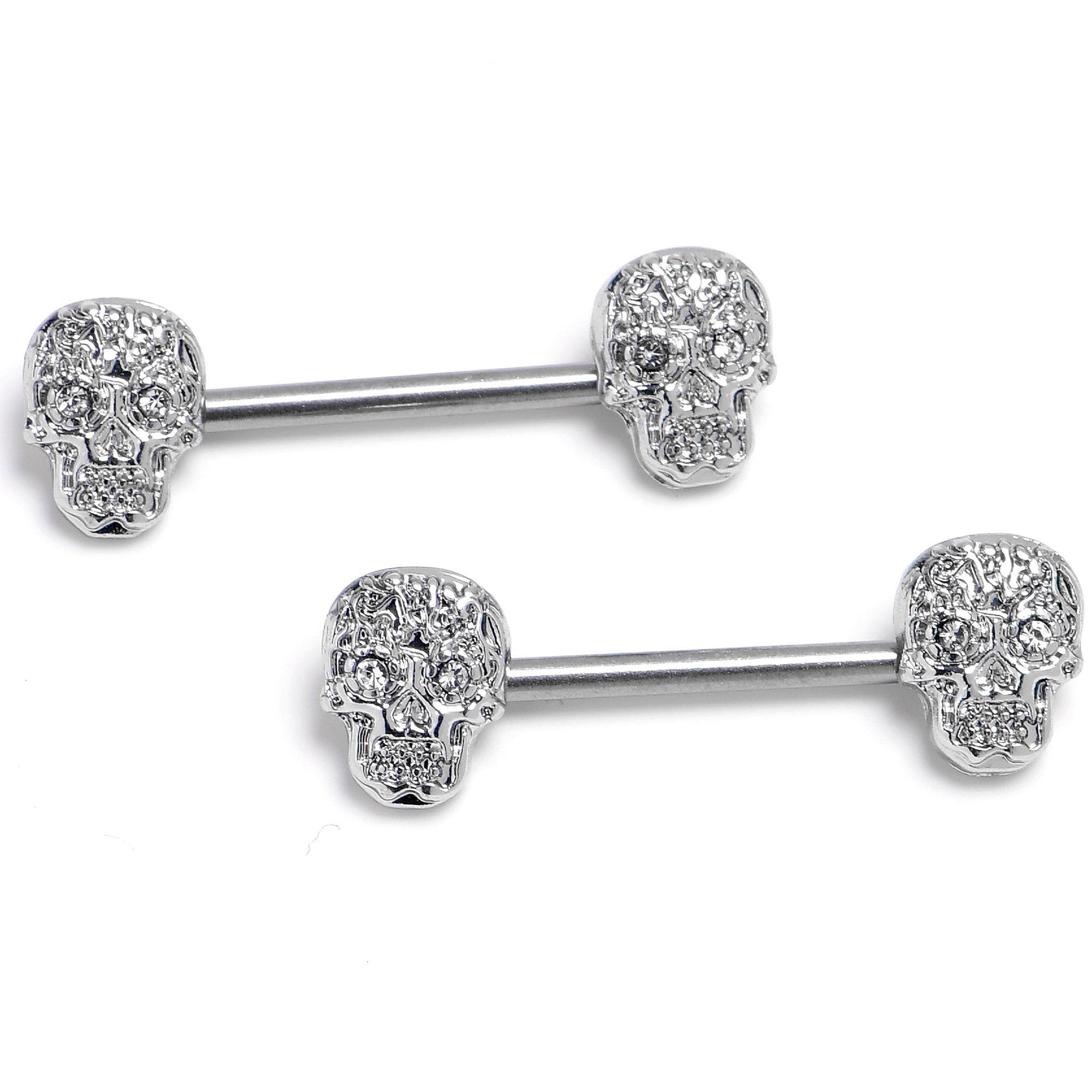 14G 9/16 316L Steel Skulls Clear Gem with Titanium Barbell Nipple Rings