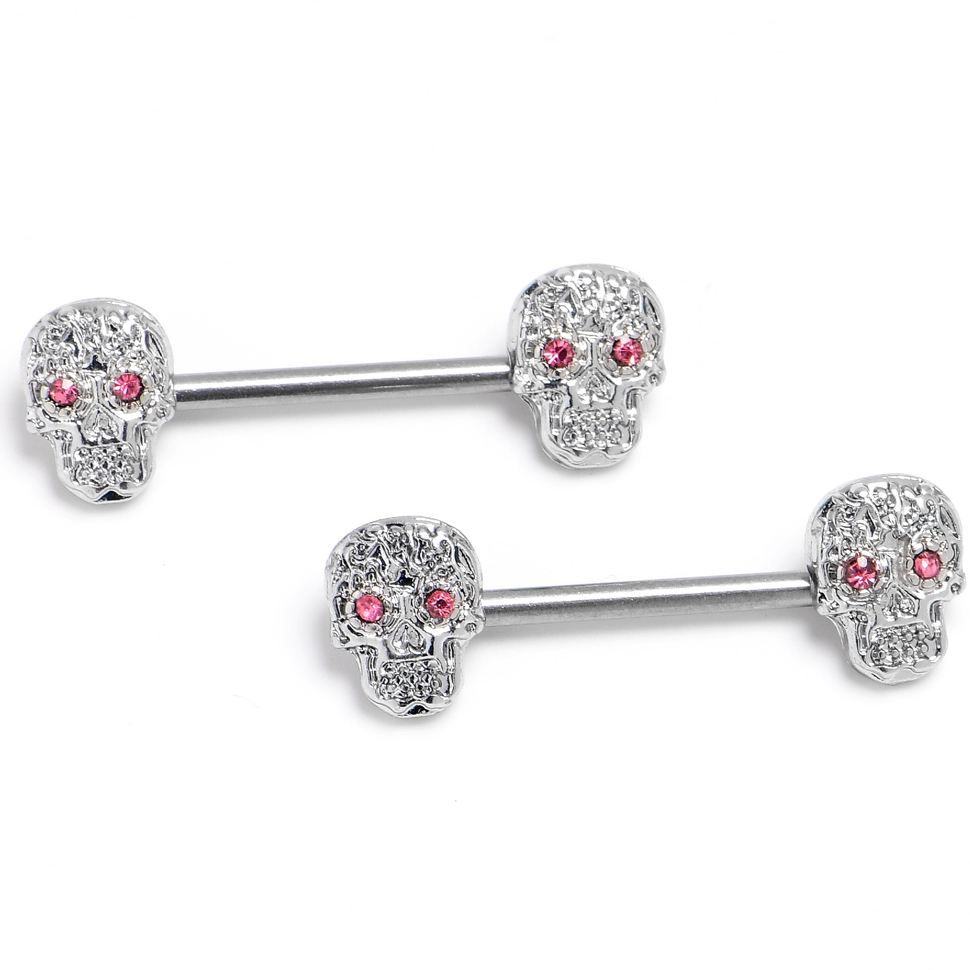 14G 9/16 316L Steel Skulls Pink Gem with Titanium Barbell Nipple Rings