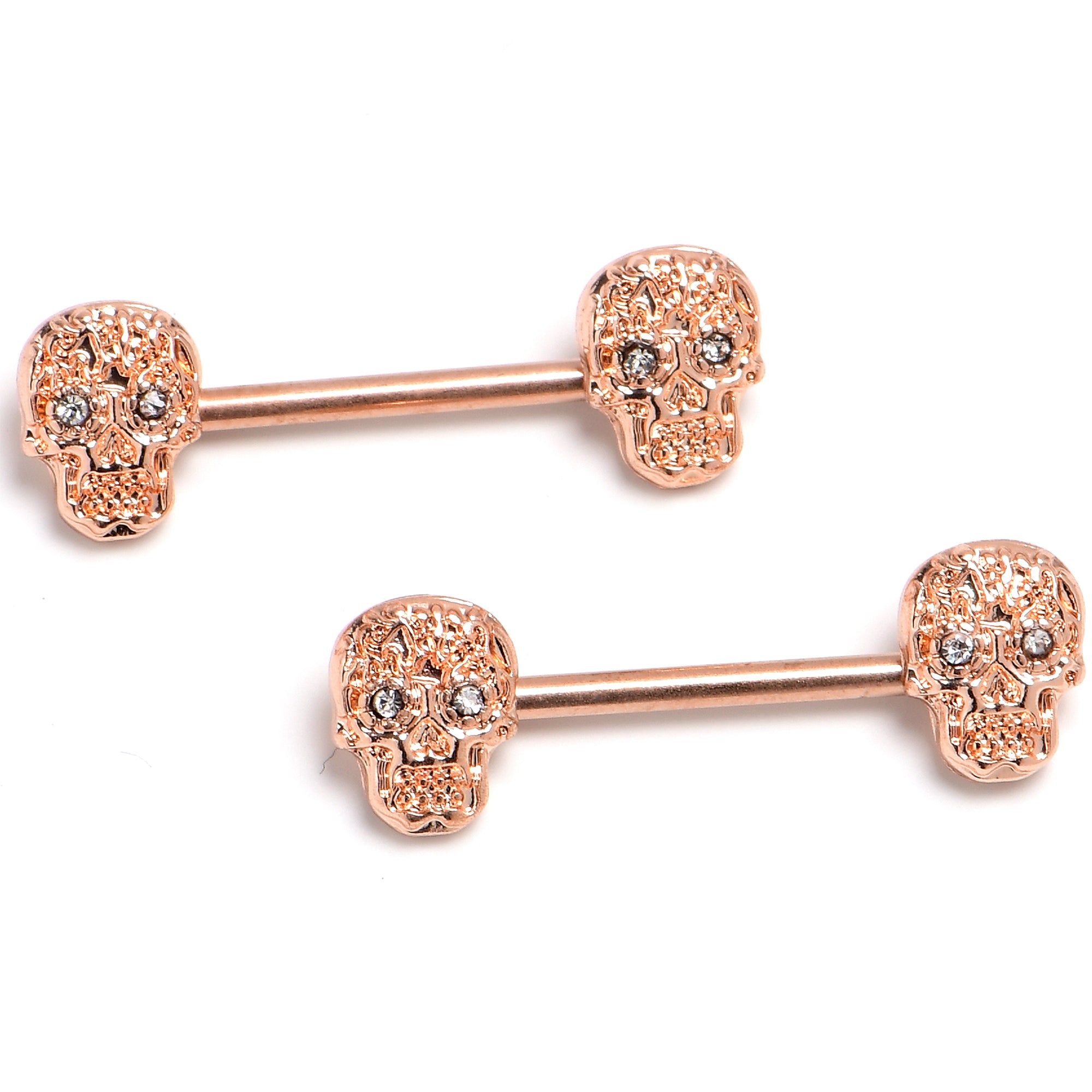 14G 9/16 Rose Gold 316L Steel Skulls with Titanium Barbell Nipple Rings