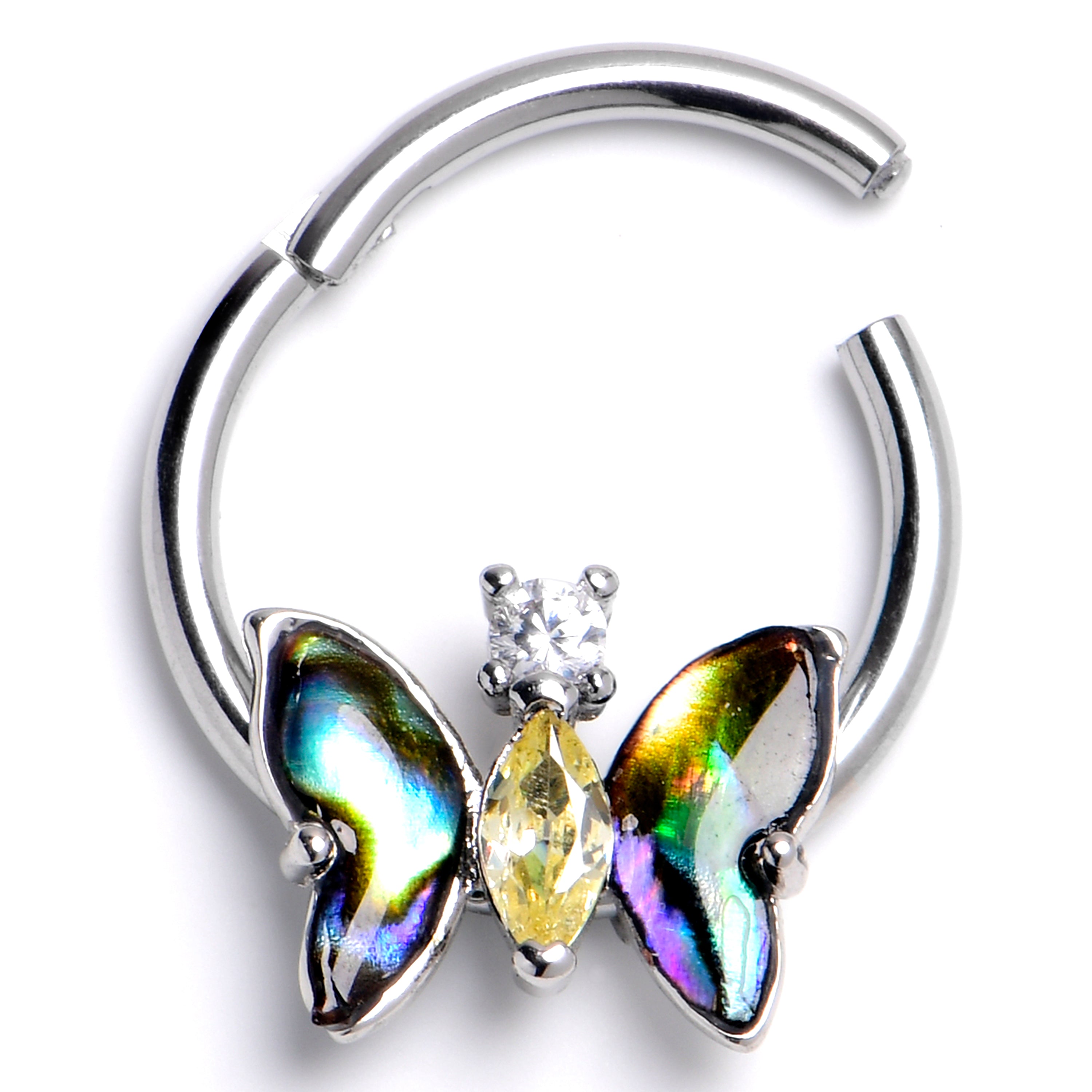 16G 3/8 Clear Yellow Gem Dark Butterfly Hinged Segment Ring