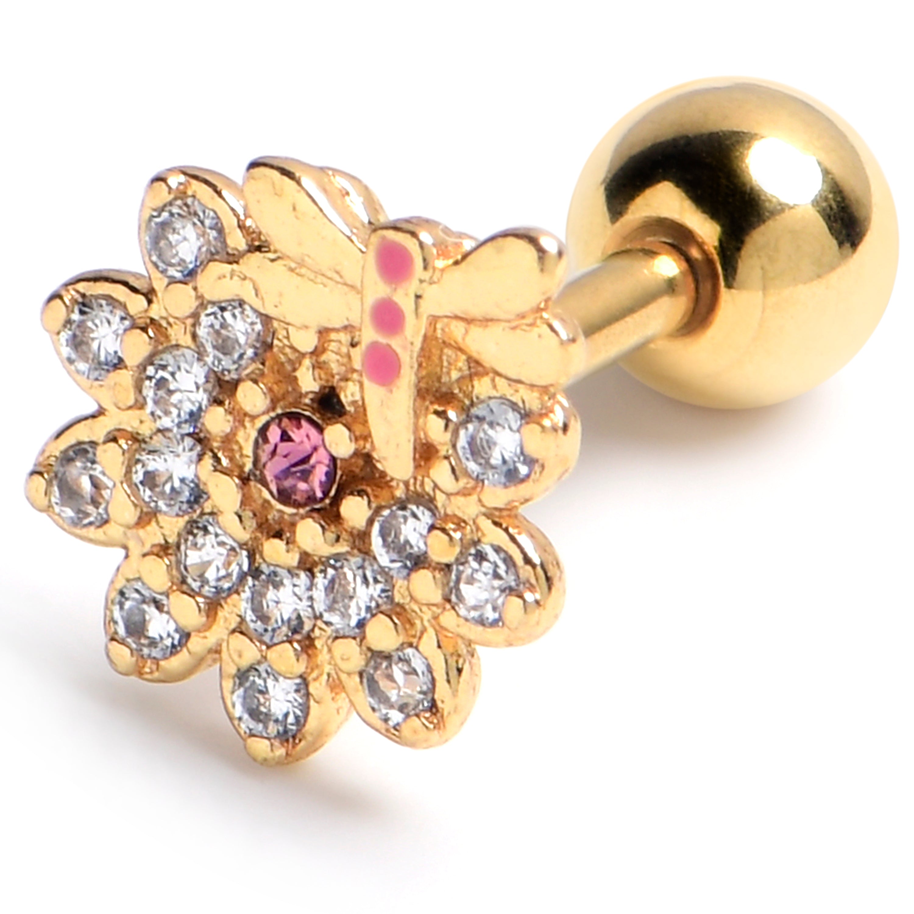 16G 1/4 Clear Gem Gold Tone Flower Bug Cartilage Tragus Earring