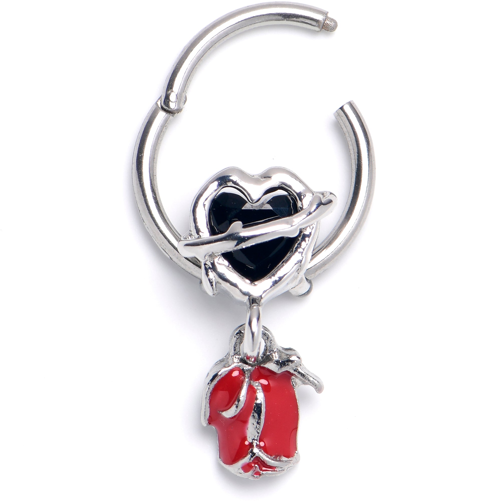 16G 3/8 Barbed Heart Dangle Hinged Segment Ring