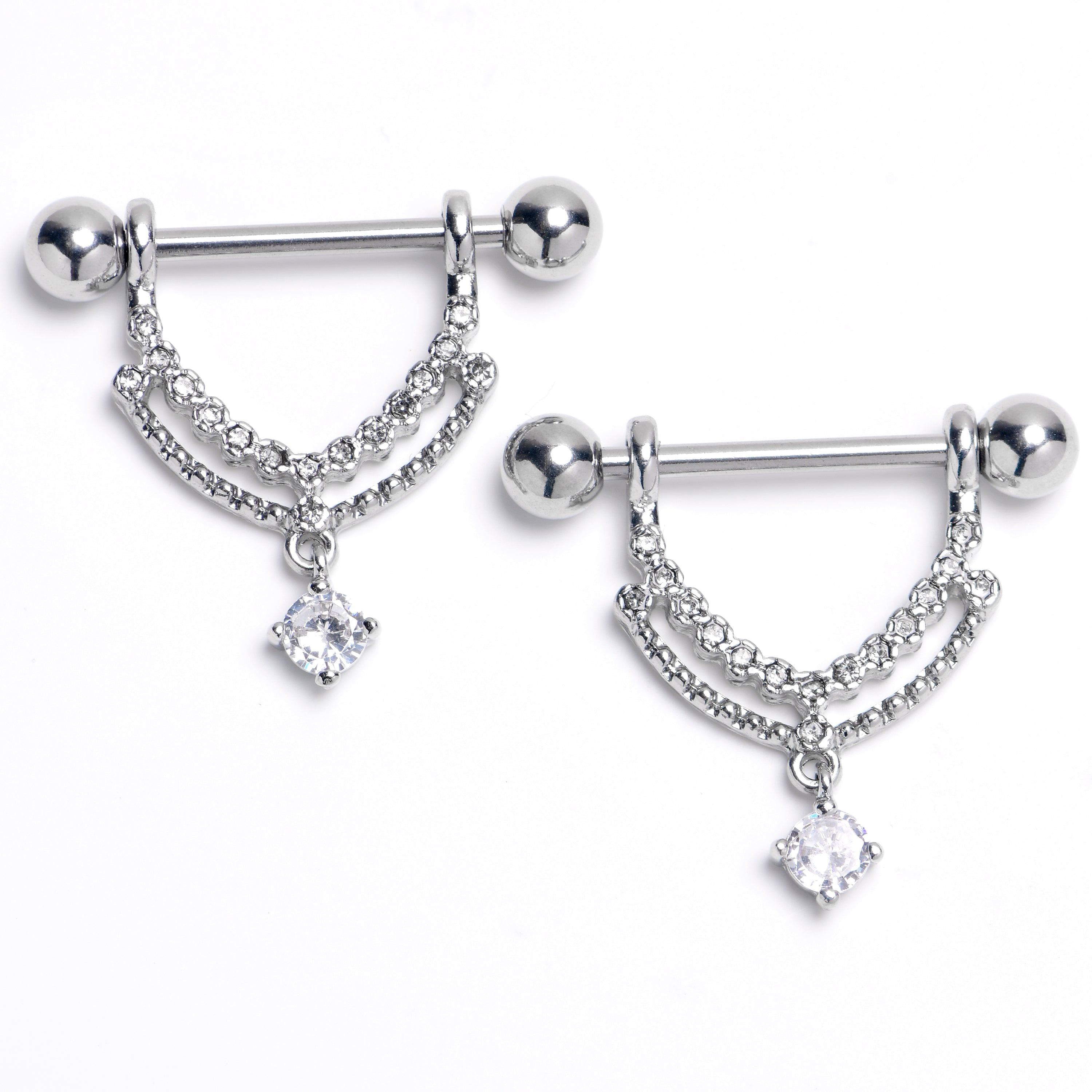 14G 9/16 Clear CZ Gem Double Curves Dangle Nipple Ring Set