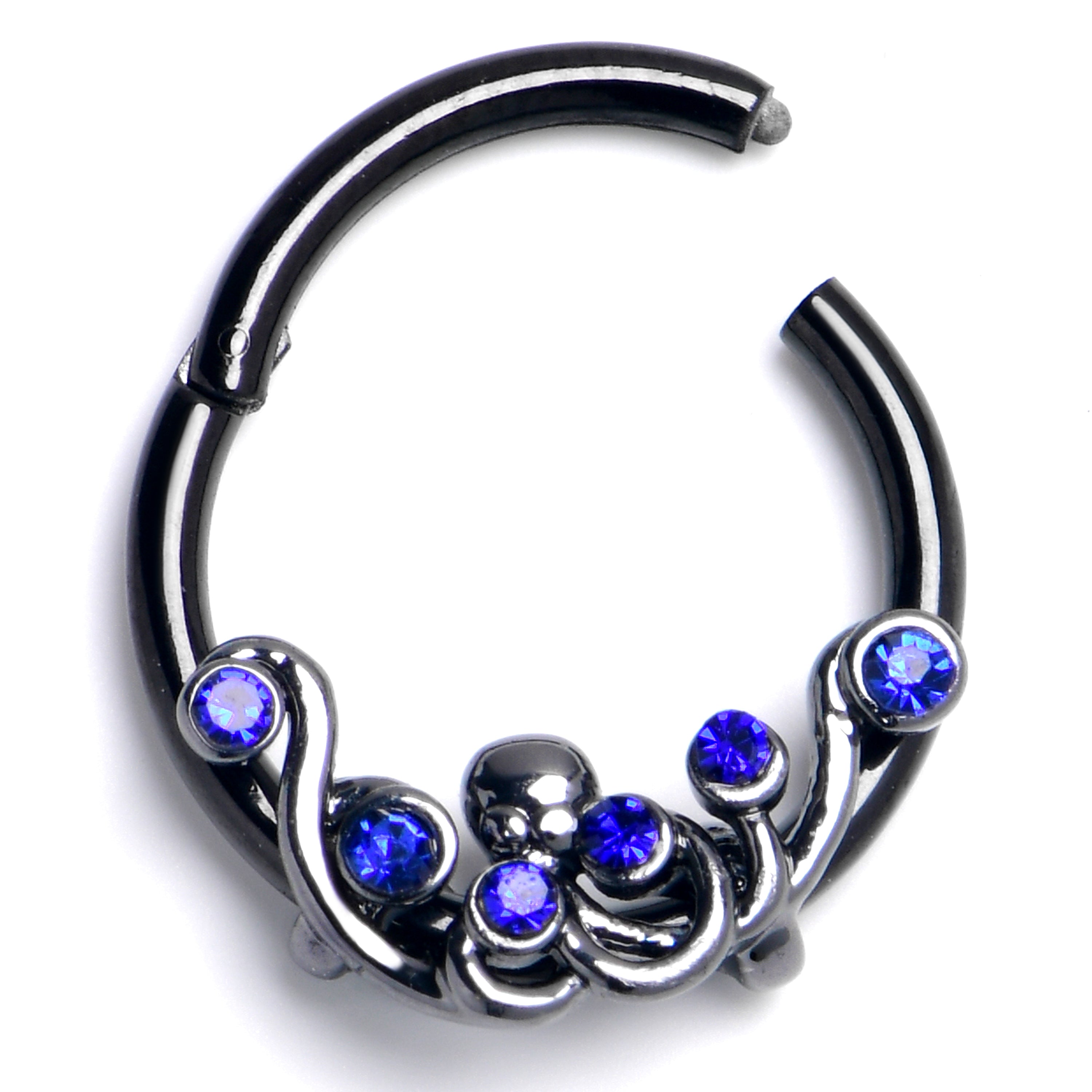 16G 3/8 Blue Gem Black Scrolling Elegance Hinged Segment Ring