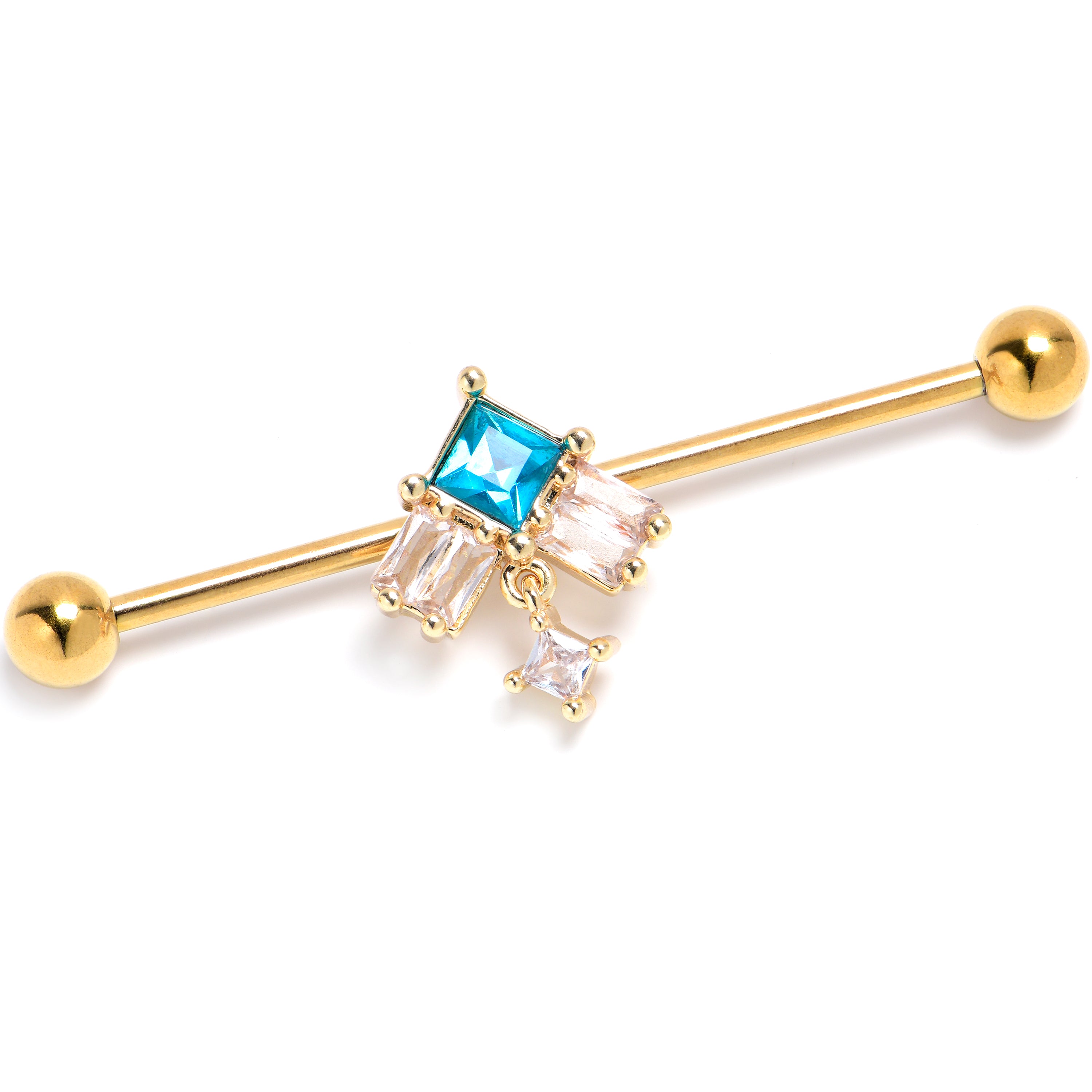14G Blue CZ Gem Gold Tone Rhombus Riot Industrial Barbell 38mm