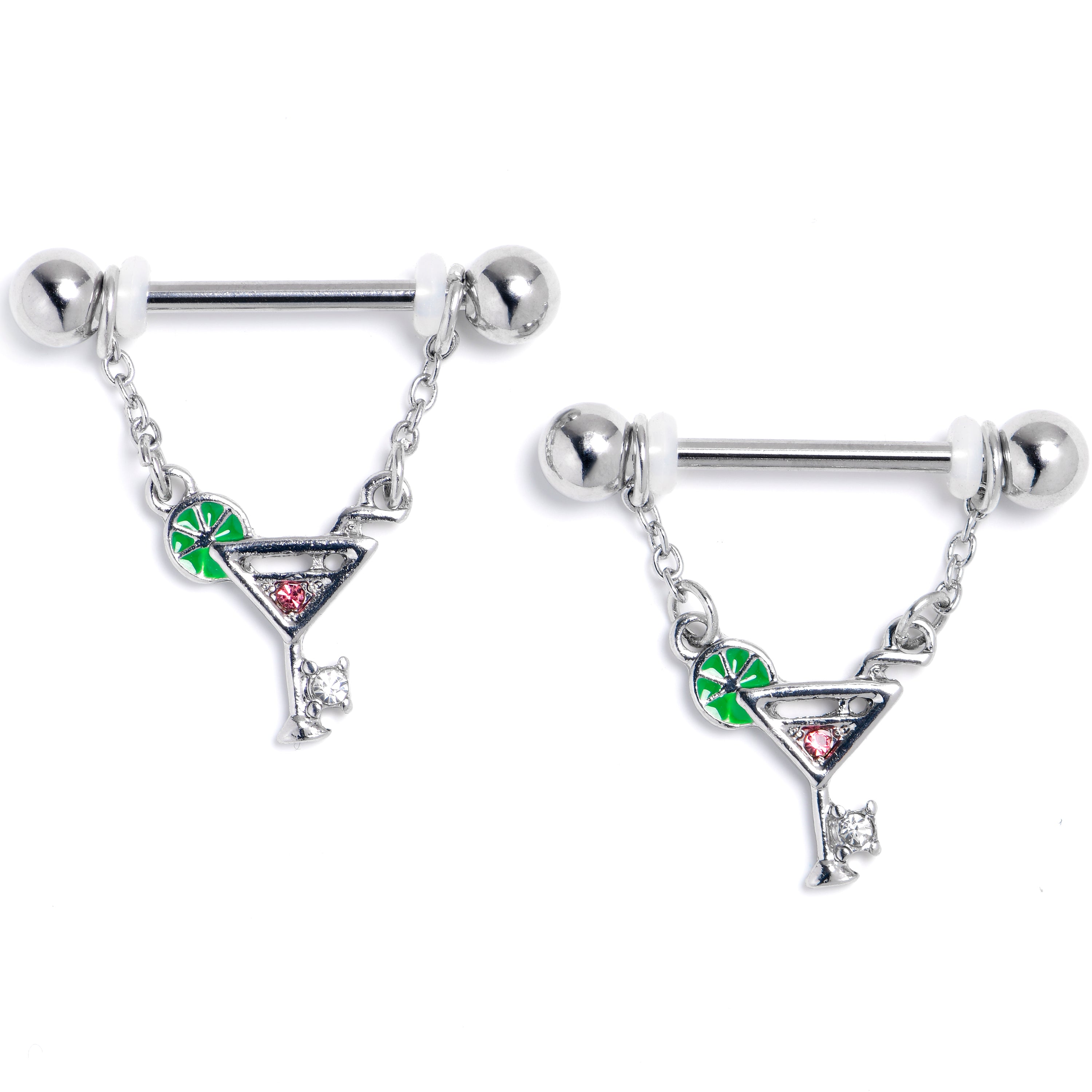 14G 9/16 Pink Clear Gem Cocktail Hour Dangle Nipple Ring Set