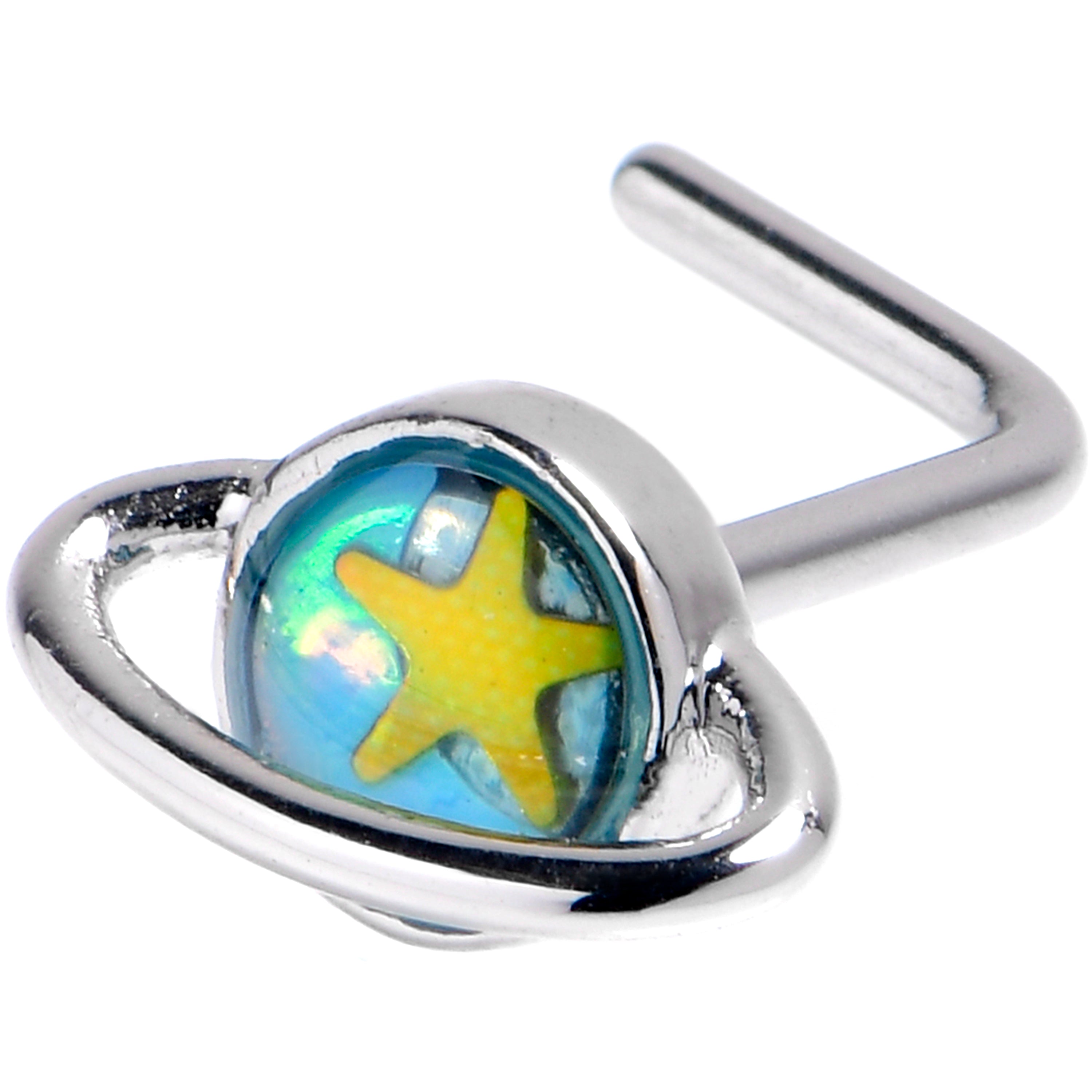 20G 7mm Saturn Star Blue L Shape Nose Ring
