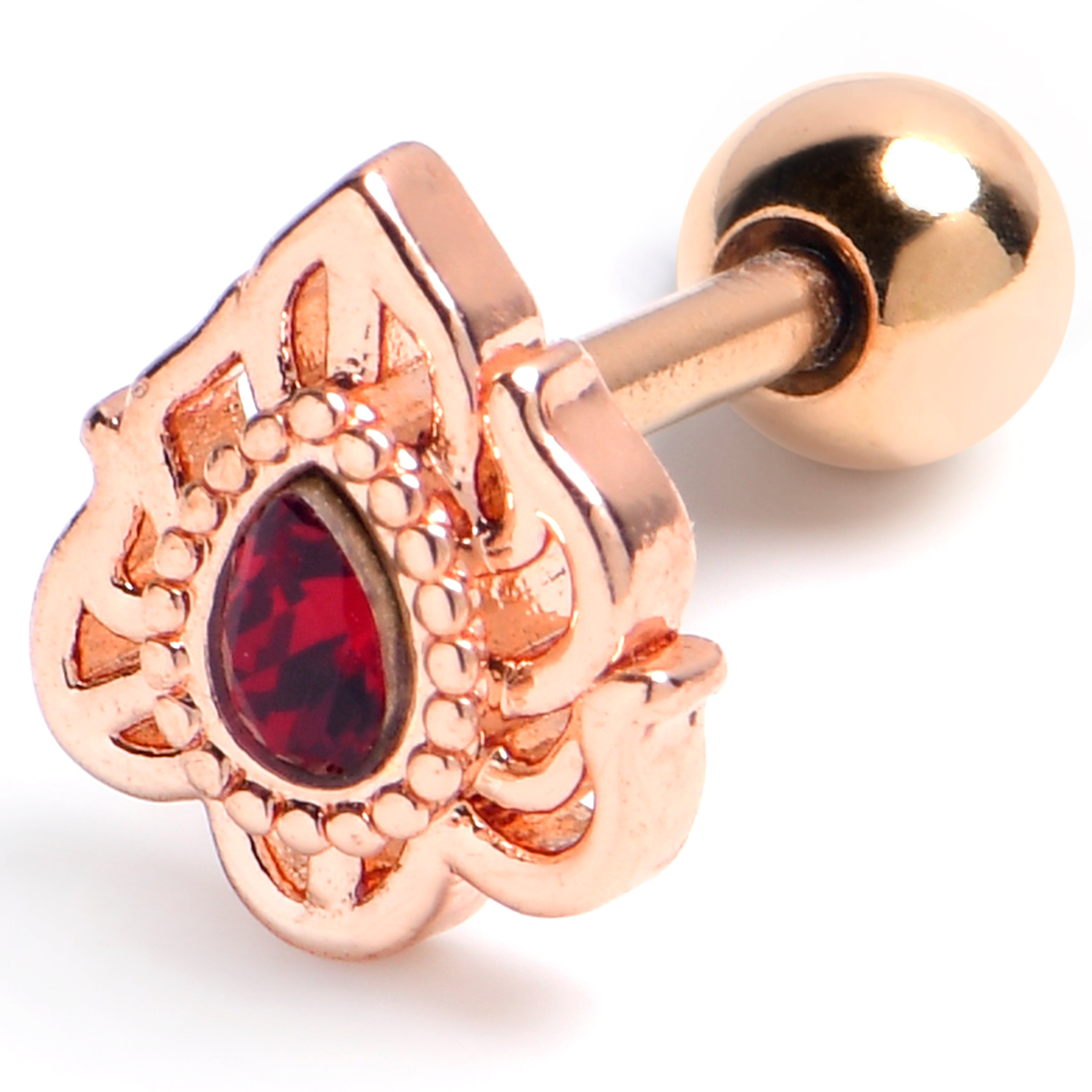 16G 1/4 Red Gem Rose Gold Tone Firey Flame Cartilage Tragus Earring